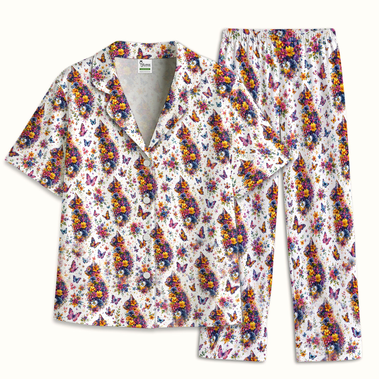 Cute Floral Cat With Butterfly Pattern Pajama Set, Soft Breathable Fabric Comfortable Sleepwear