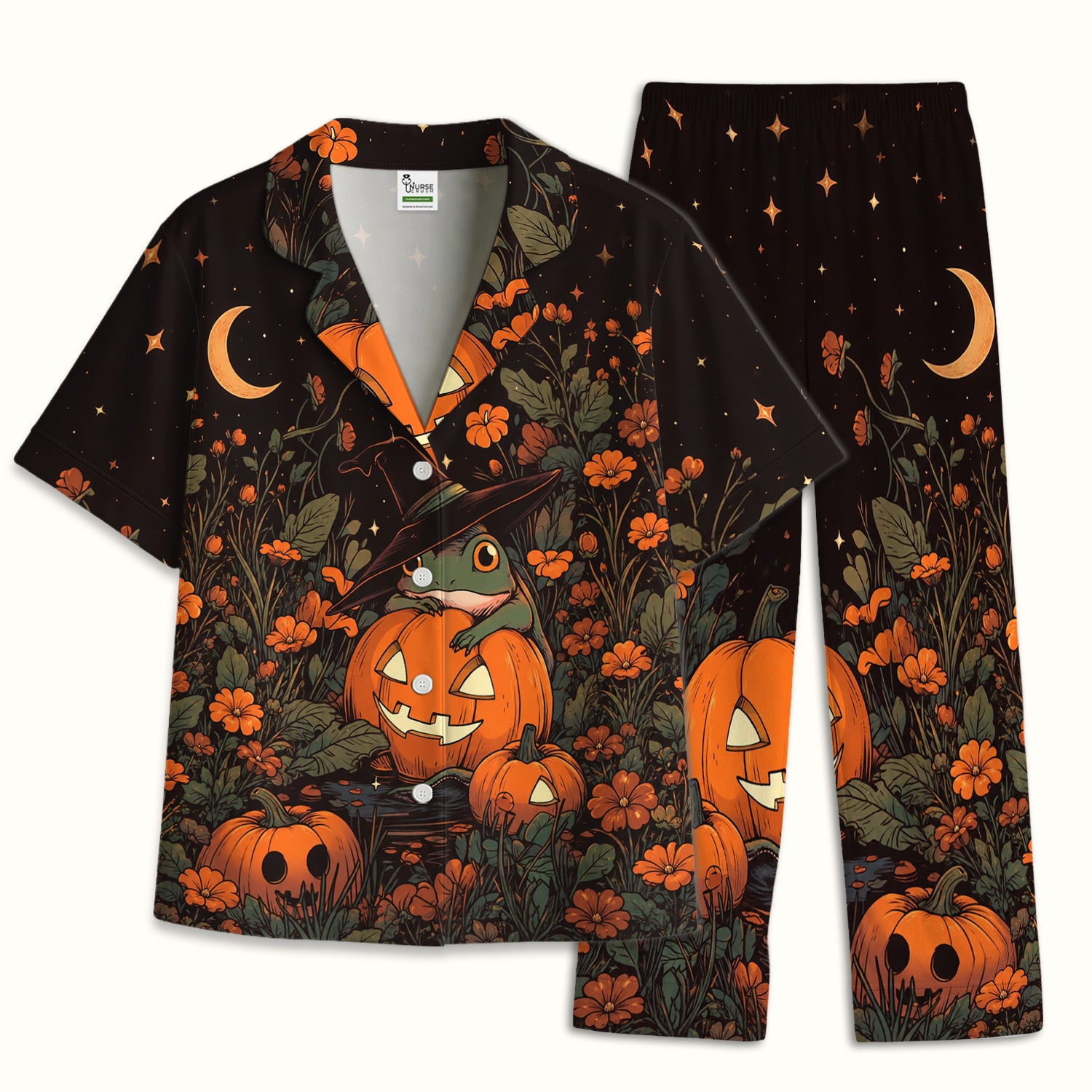 Cute Halloween Frog Nurse for Pediatric Nurses, RN, CNA, Pumpkin Medical Pajama Set, Soft Breathable Fabric Comfortable Sleepwear