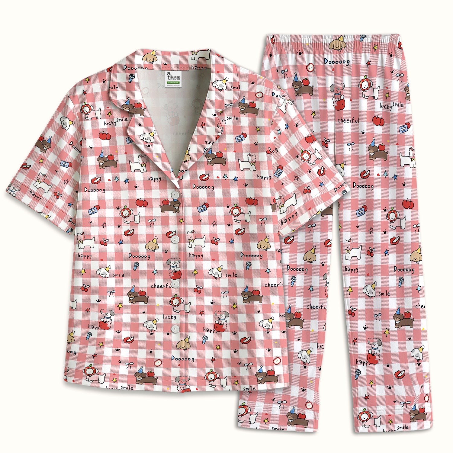 Cute Nurse Cartoon Puppy Apple Gingham Pajama Set, Breathable Fabrics Uniform
