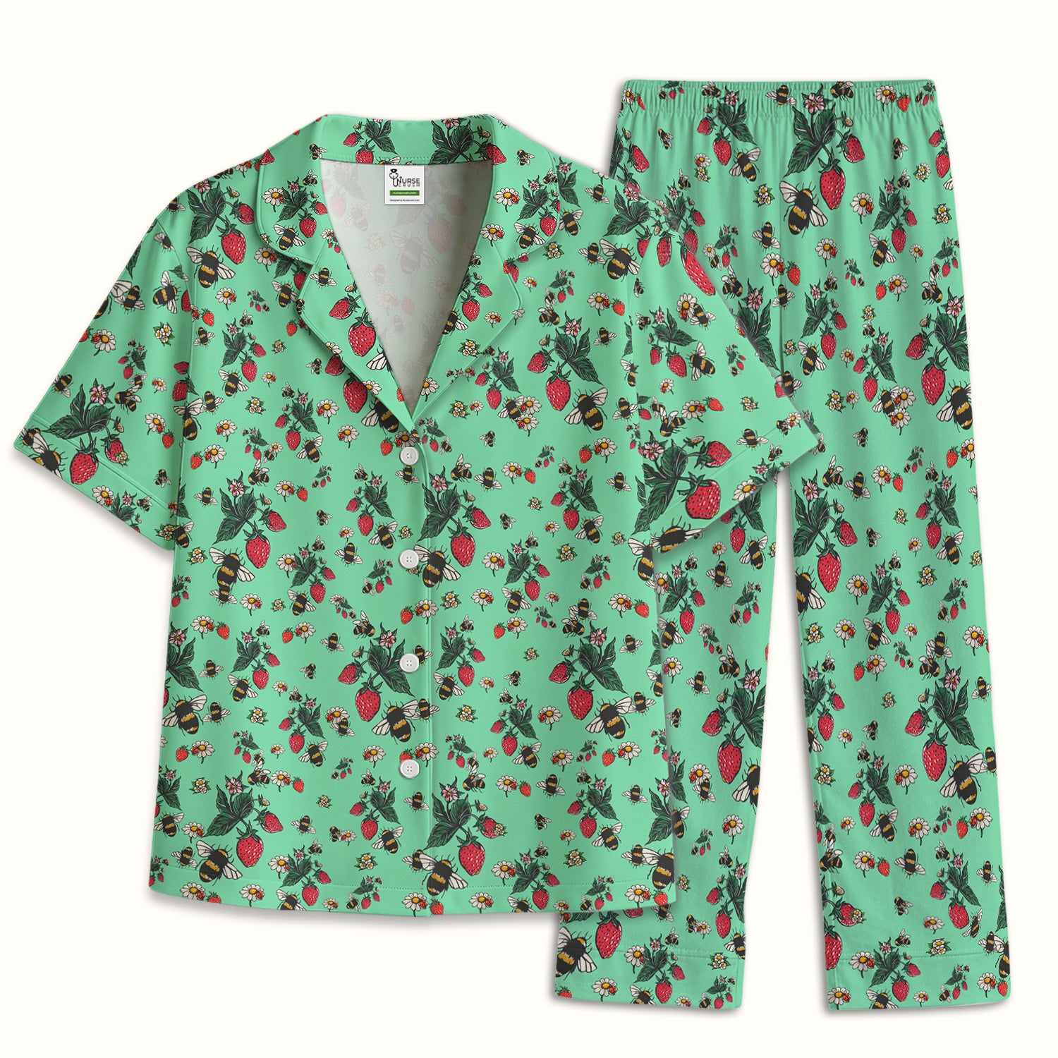 Cute Strawberry Bee Daisy Floral Pattern Pajama Set, Breathable Fabrics Uniform