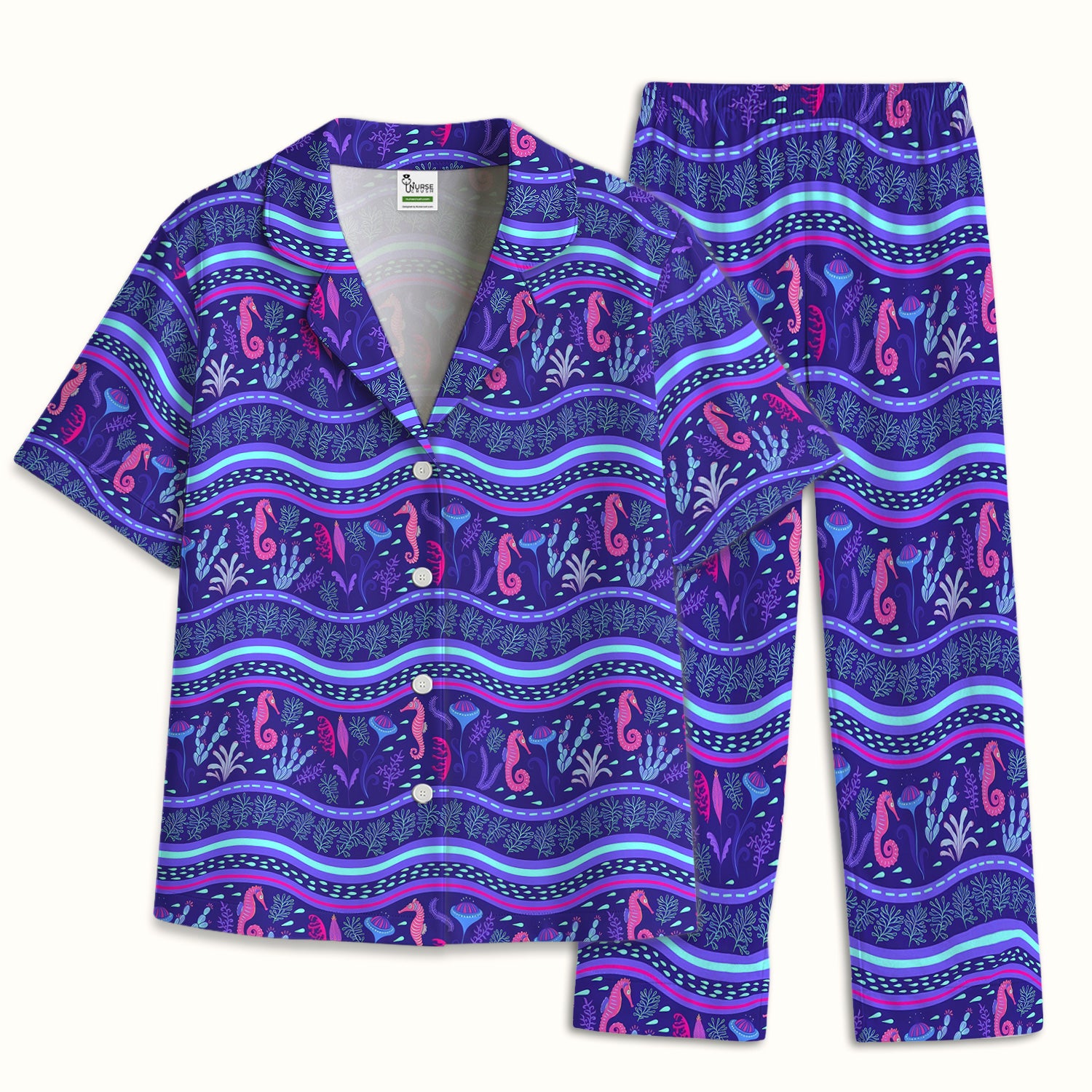 Purple Seahorse Ocean Pattern Pajama Set, Soft Breathable Fabric Comfortable Sleepwear