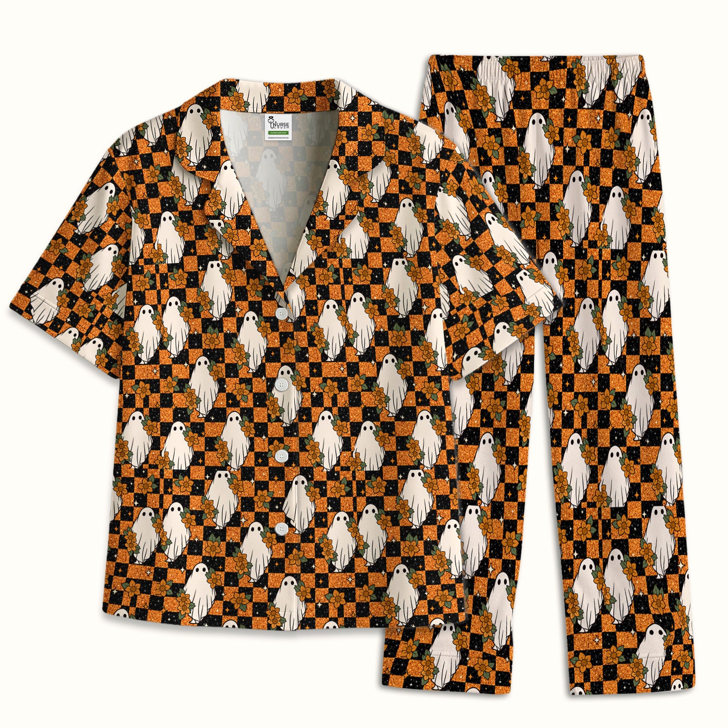 Spooky Halloween Ghost Checkerboard Pajama Set, Soft Breathable Fabric Comfortable Sleepwear