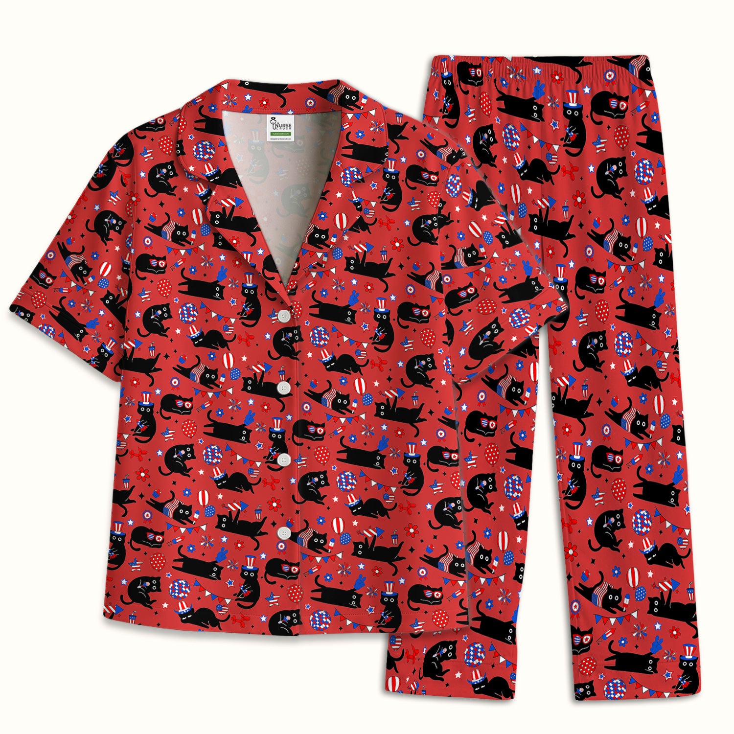 Patriotic Black Cat Pattern Pajama Set, Soft Breathable Fabric Comfortable Sleepwear