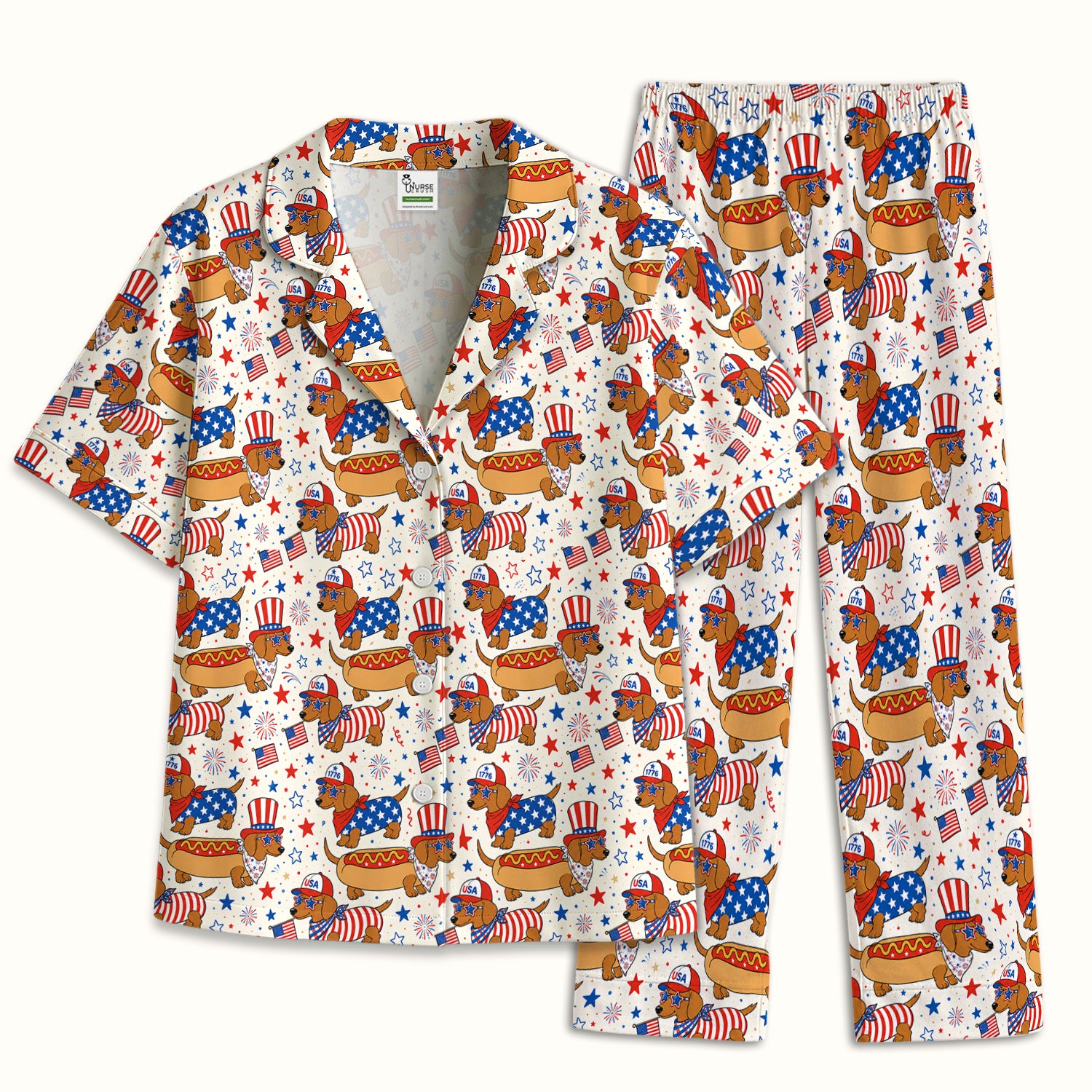 Patriotic Dachshund Fourth Of July Pajama Set, Soft Breathable Fabric Comfortable Sleepwear