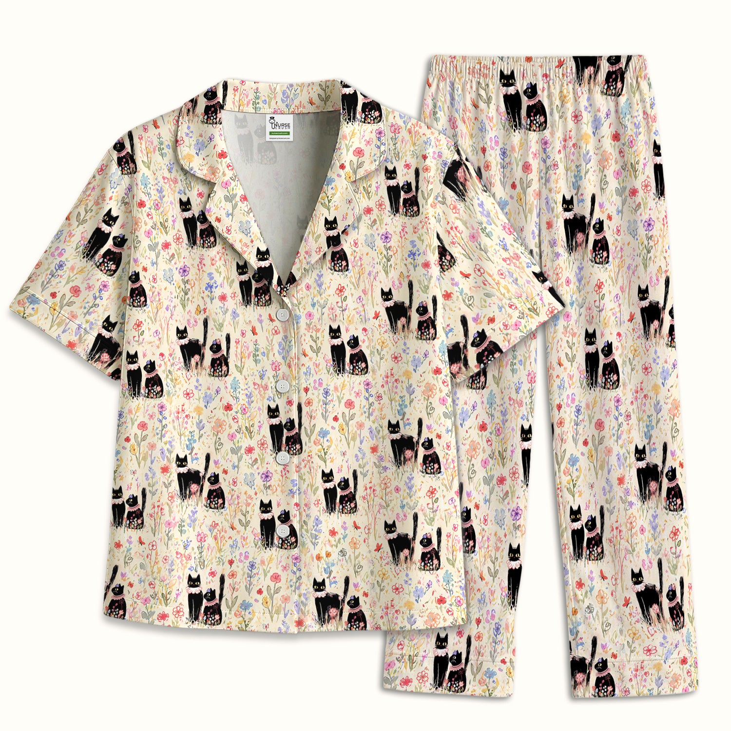 Cute Black Cats Wildflower Garden Pattern Pajama Set, Soft Breathable Fabric Comfortable Sleepwear