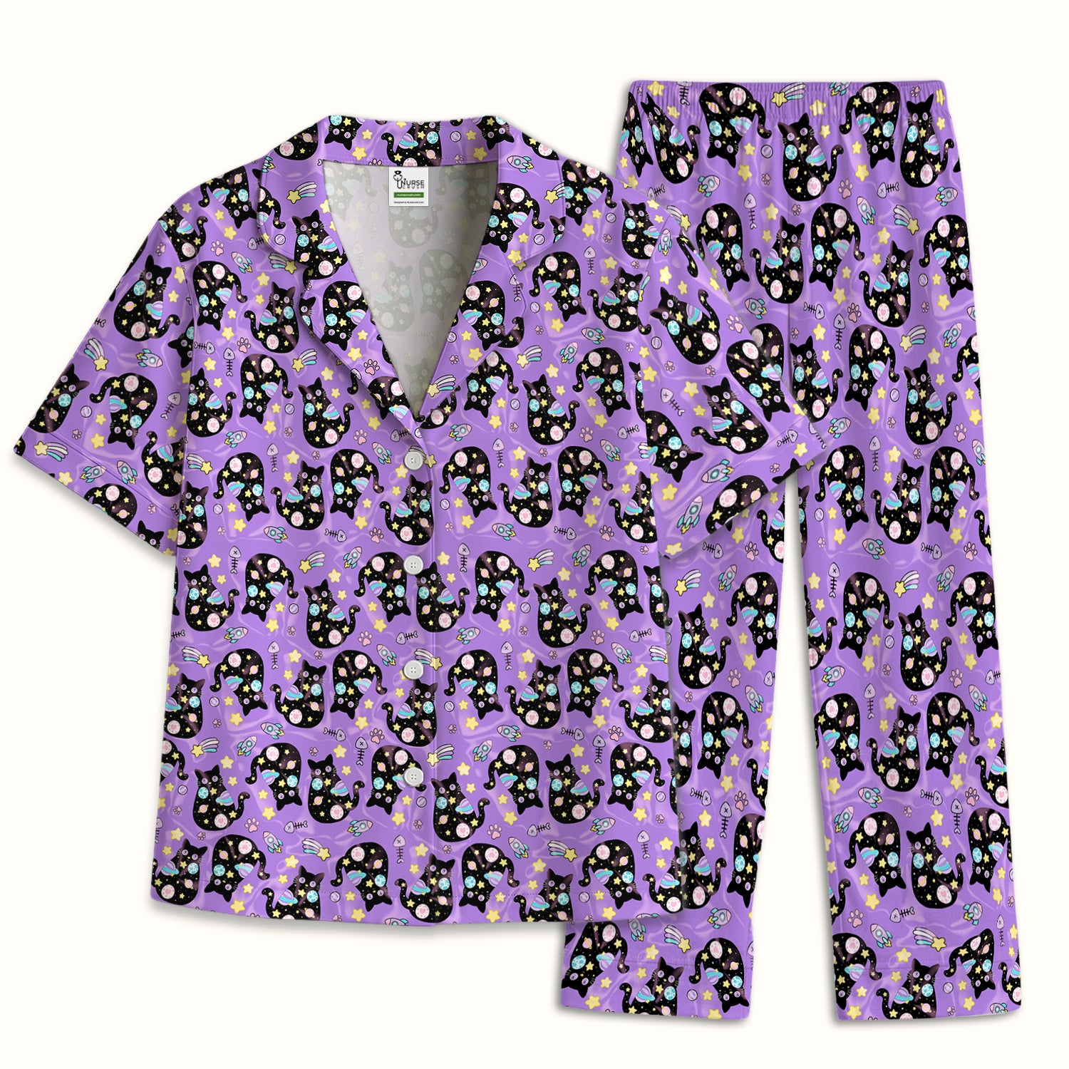 Galaxy Black Cat Space Pattern Pajama Set, Breathable Fabrics Uniform