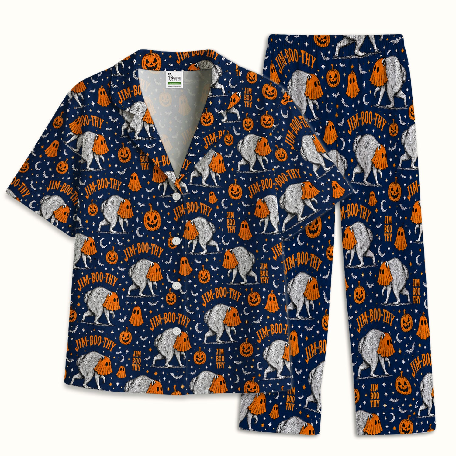 Funny Halloween Ghost Jimothy Pattern Pajama Set, Soft Breathable Fabric Comfortable Sleepwear