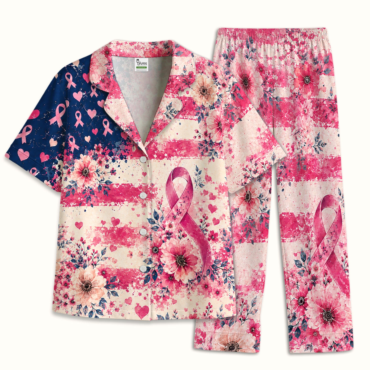Breast Cancer Floral Flag Pajama Set, Soft Breathable Fabric Comfortable Sleepwear