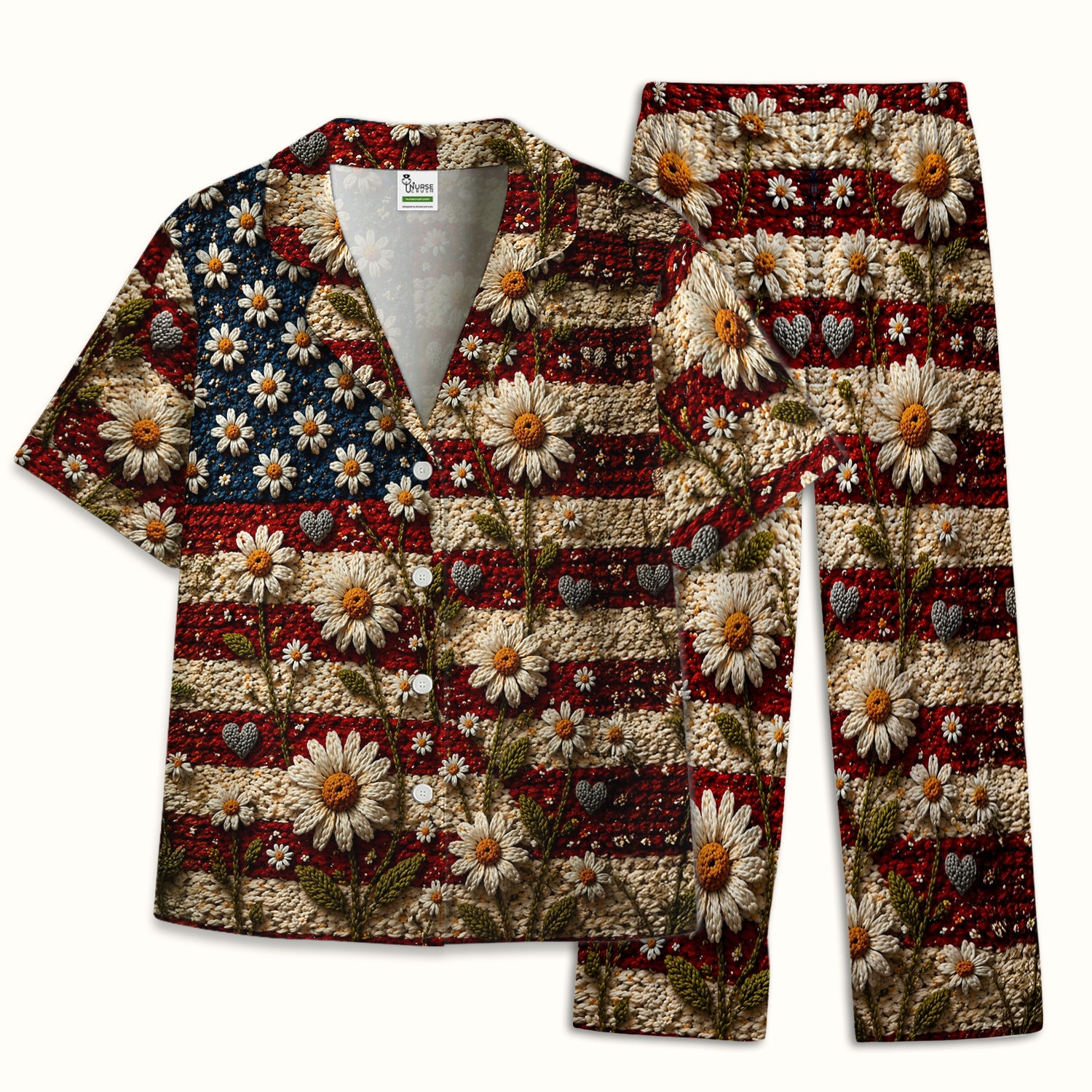 American Flag Daisy Floral Knit Texture Pattern Pajama Set, Breathable Fabrics Uniform