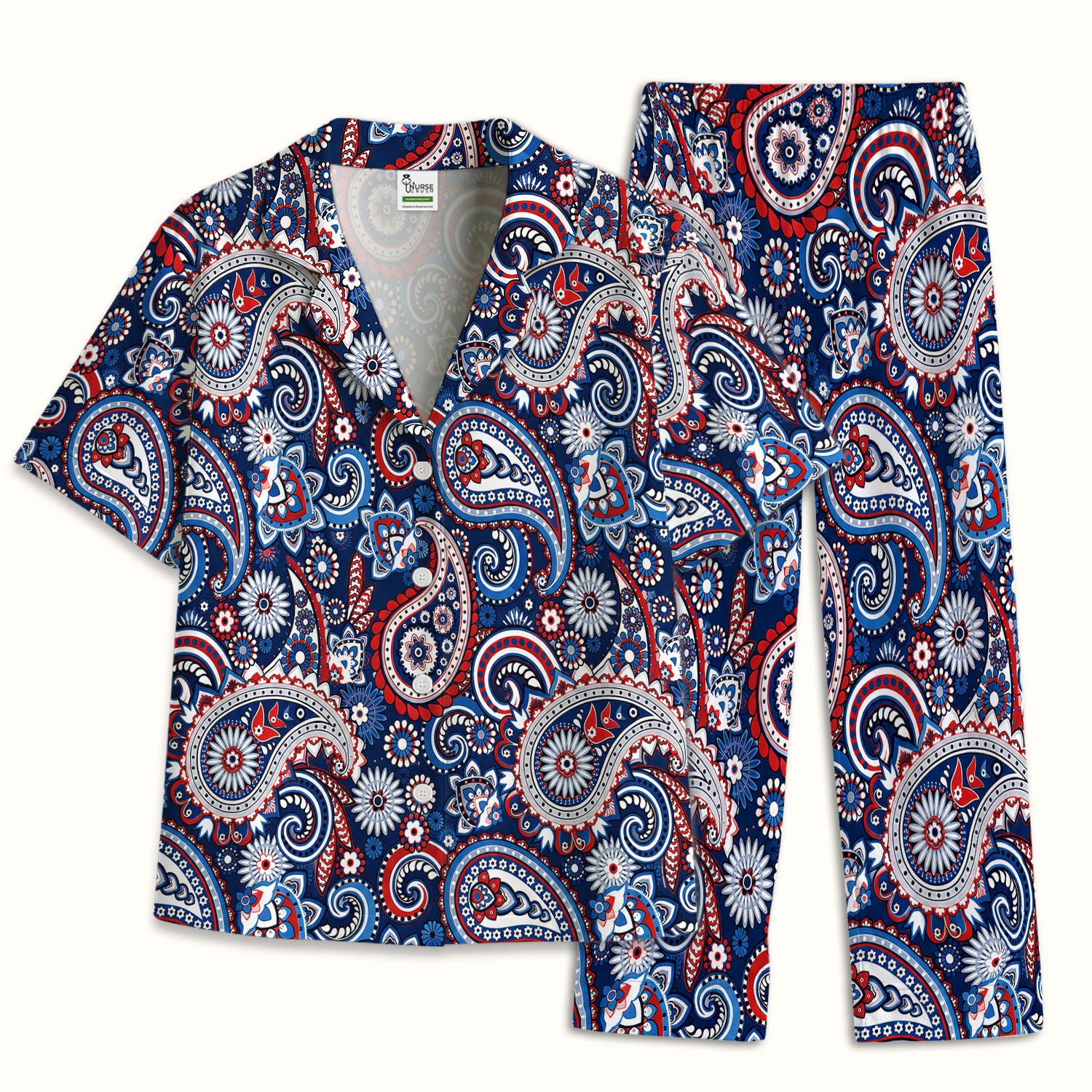 Patriotic Red White Blue Paisley Pattern Pajama Set, Soft Breathable Fabric Comfortable Sleepwear
