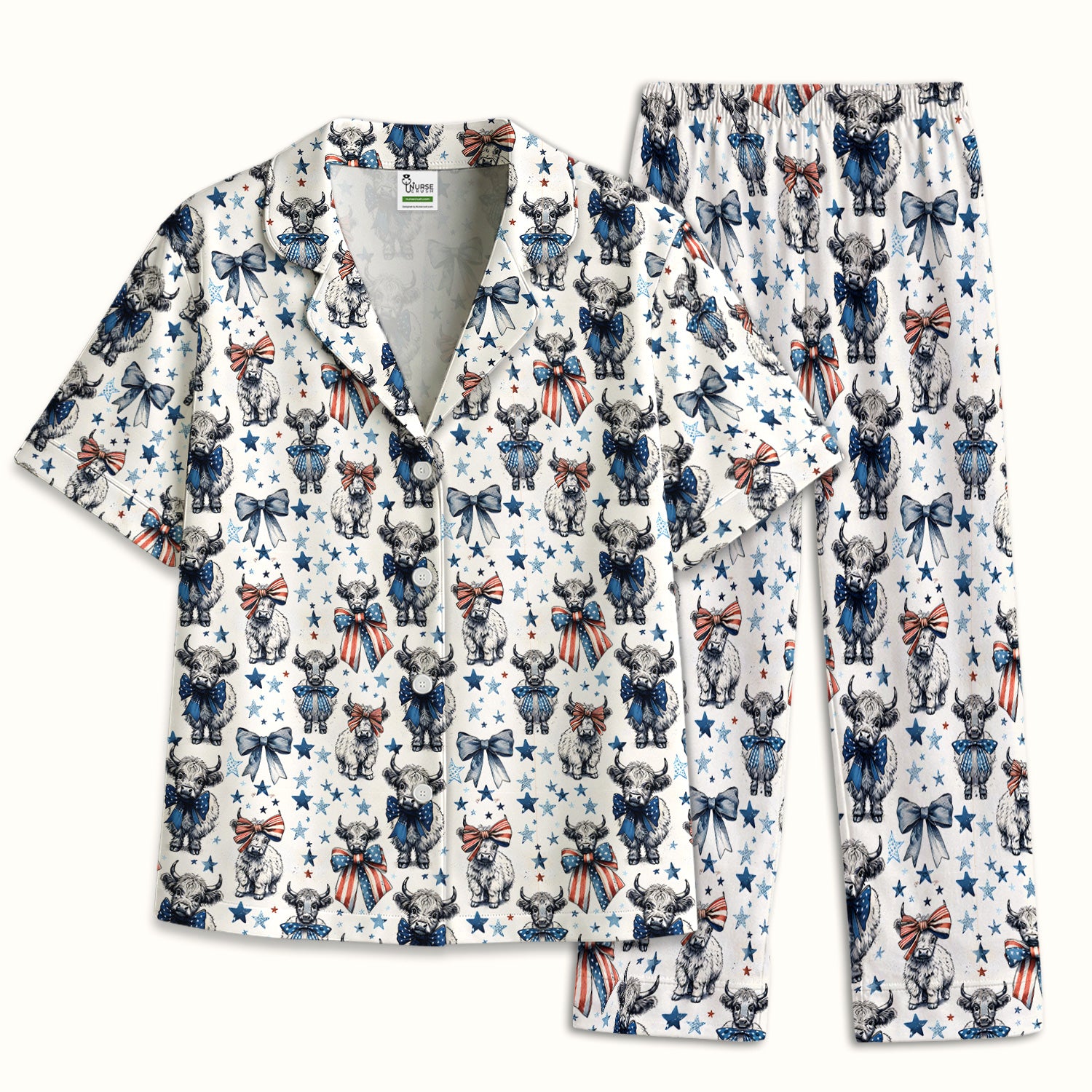Patriotic Highland Cow Stars Pattern Pajama Set, Soft Breathable Fabric Comfortable Sleepwear