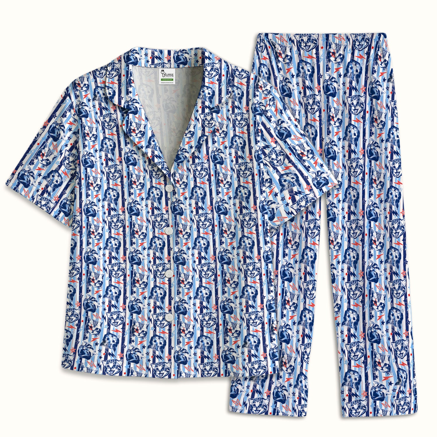 Cute Cat Faces With Lightning Print Pajama Set, Soft Breathable Fabric Comfortable Sleepwear
