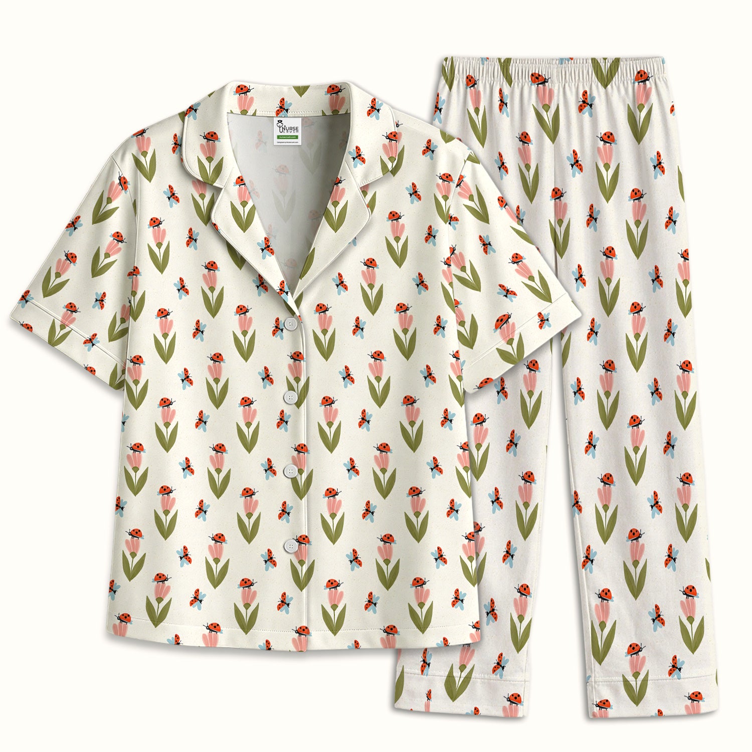 Cute Ladybug Tulip Floral Pattern Pajama Set, Soft Breathable Fabric Comfortable Sleepwear