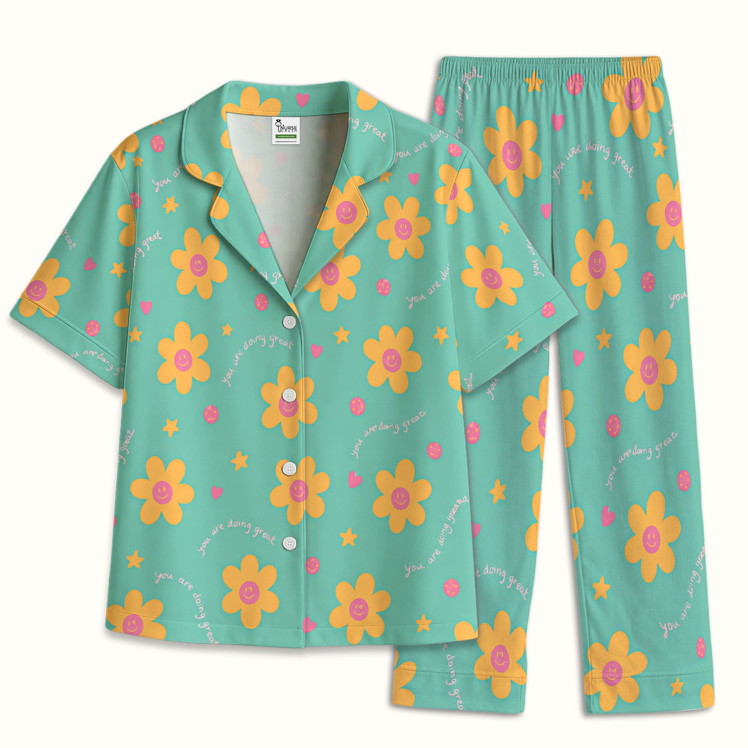 Cheerful Smiley Flower Pattern, Positive Medical Pajama Set, Soft Breathable Fabric Comfortable Sleepwear