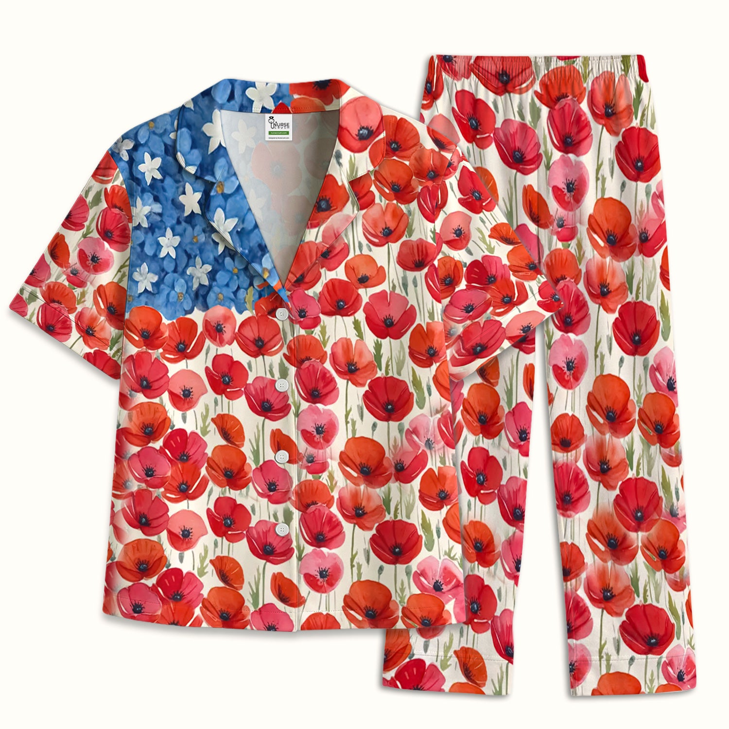 Memorial Day Nurse Poppy American Flag Pajama Set, Soft Breathable Fabric Comfortable Sleepwear