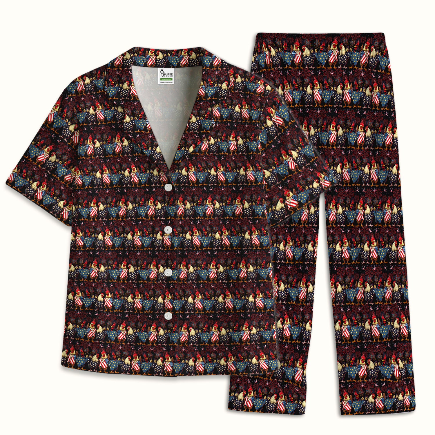 Patriotic Rooster Fireworks Pattern Pajama Set, Breathable Fabrics Uniform