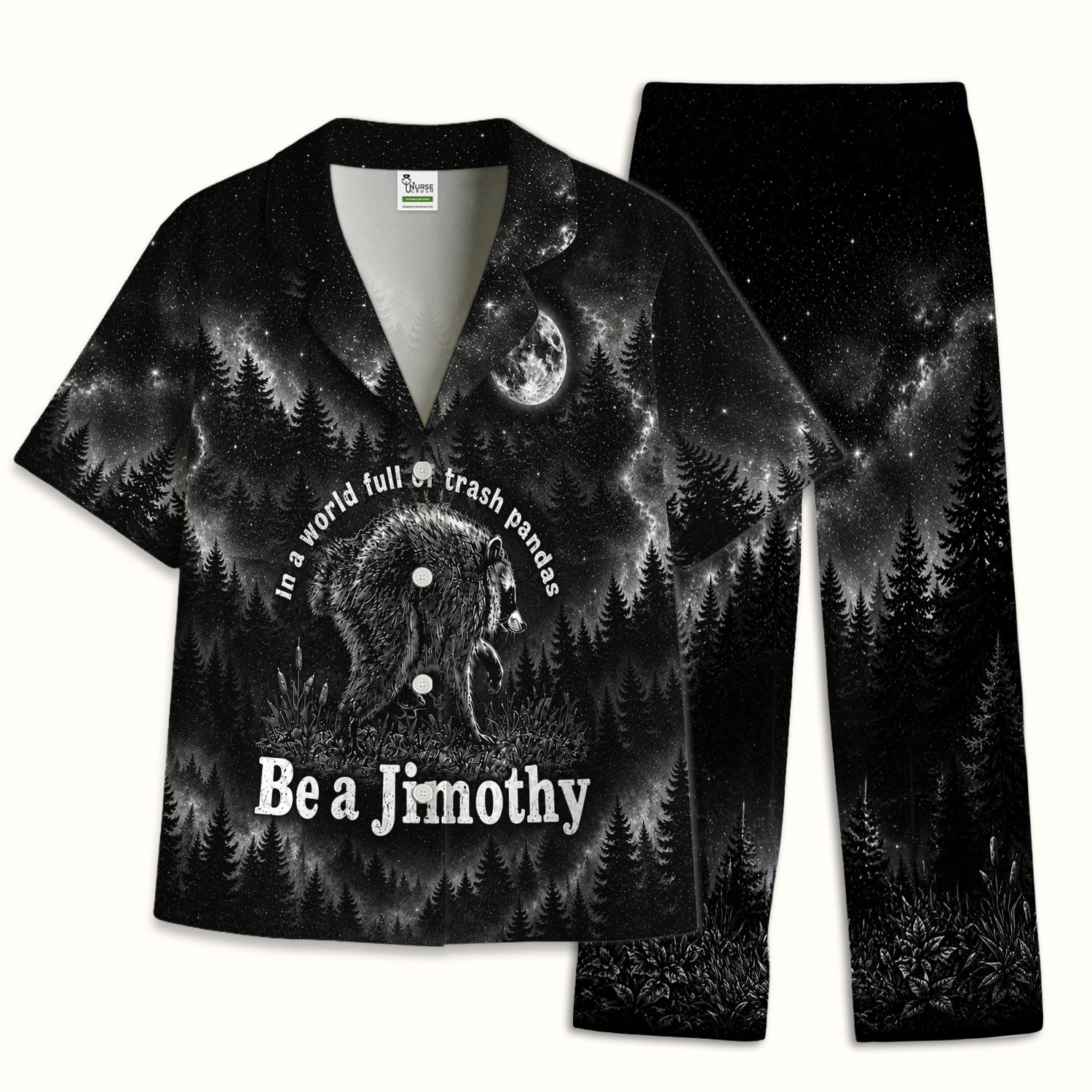 Funny Be A Jimothy Raccoon Print Pajama Set, Soft Breathable Fabric Comfortable Sleepwear