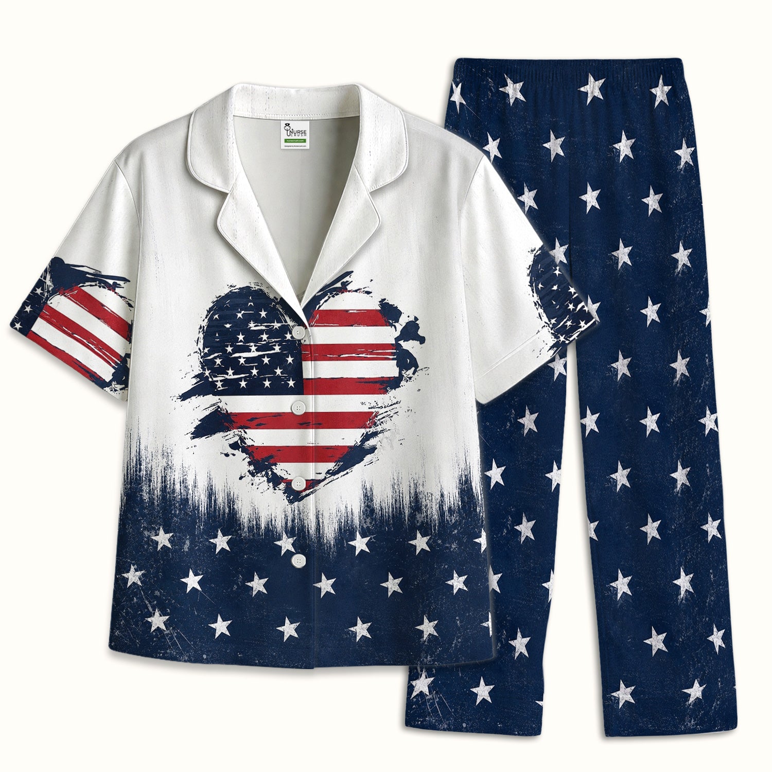 Patriotic Nurse Adorable Scrub Top USA Heart Pattern Pajama Set, Soft Breathable Fabric Comfortable Sleepwear