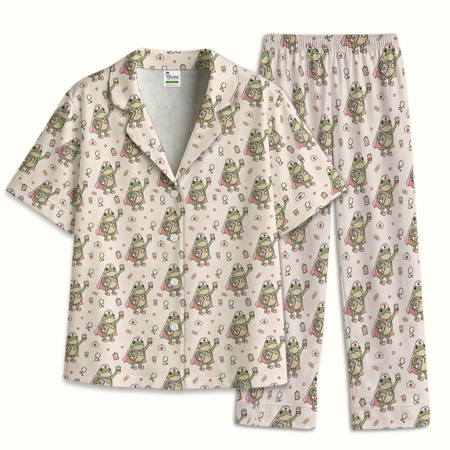 Cute Super Nurse Frog Pattern Pajama Set, Soft Breathable Fabric Comfortable Sleepwear