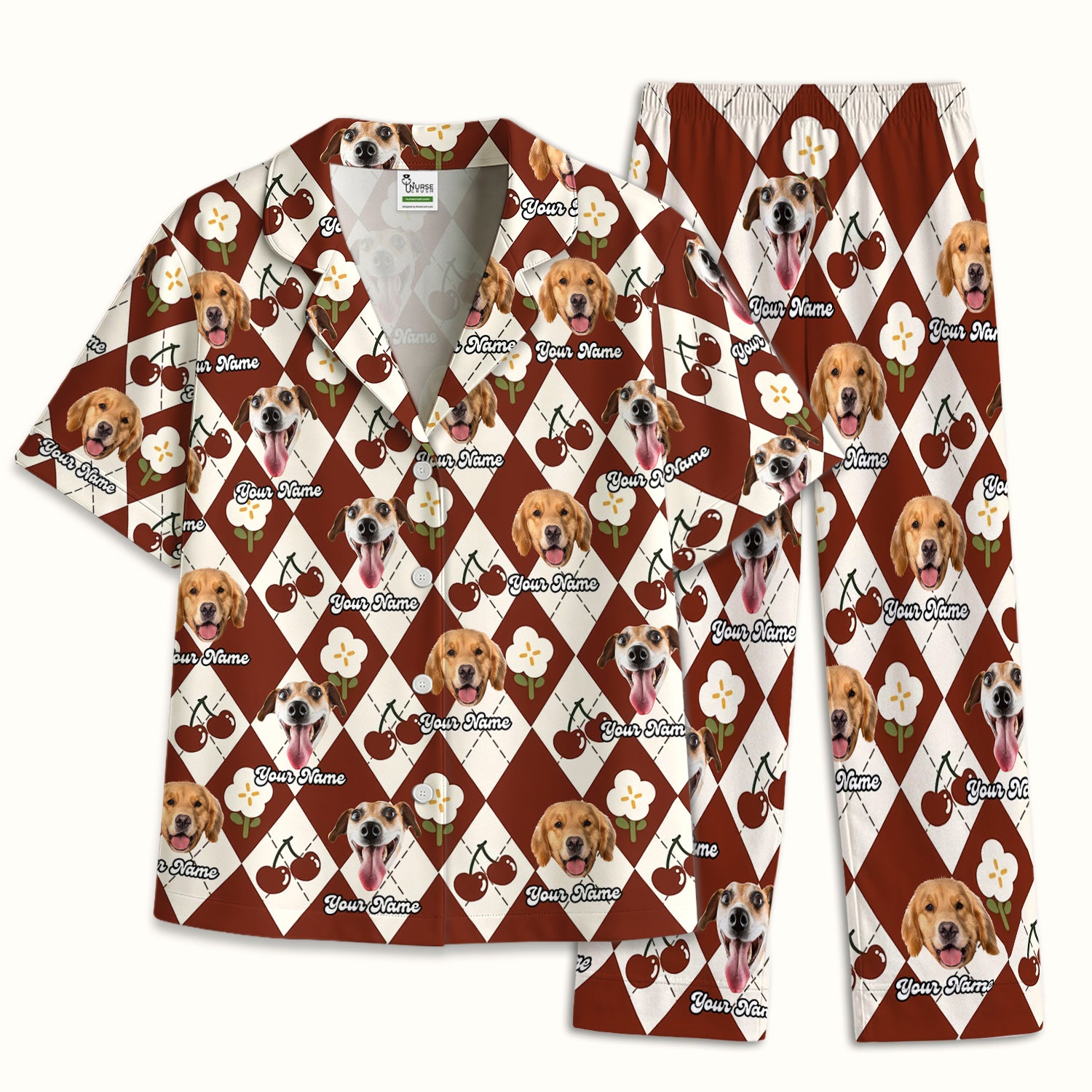 Custom Dog Face Pajama Set, Playful Dog Cherry Argyle Pattern, Soft Breathable Fabric Comfortable Sleepwear