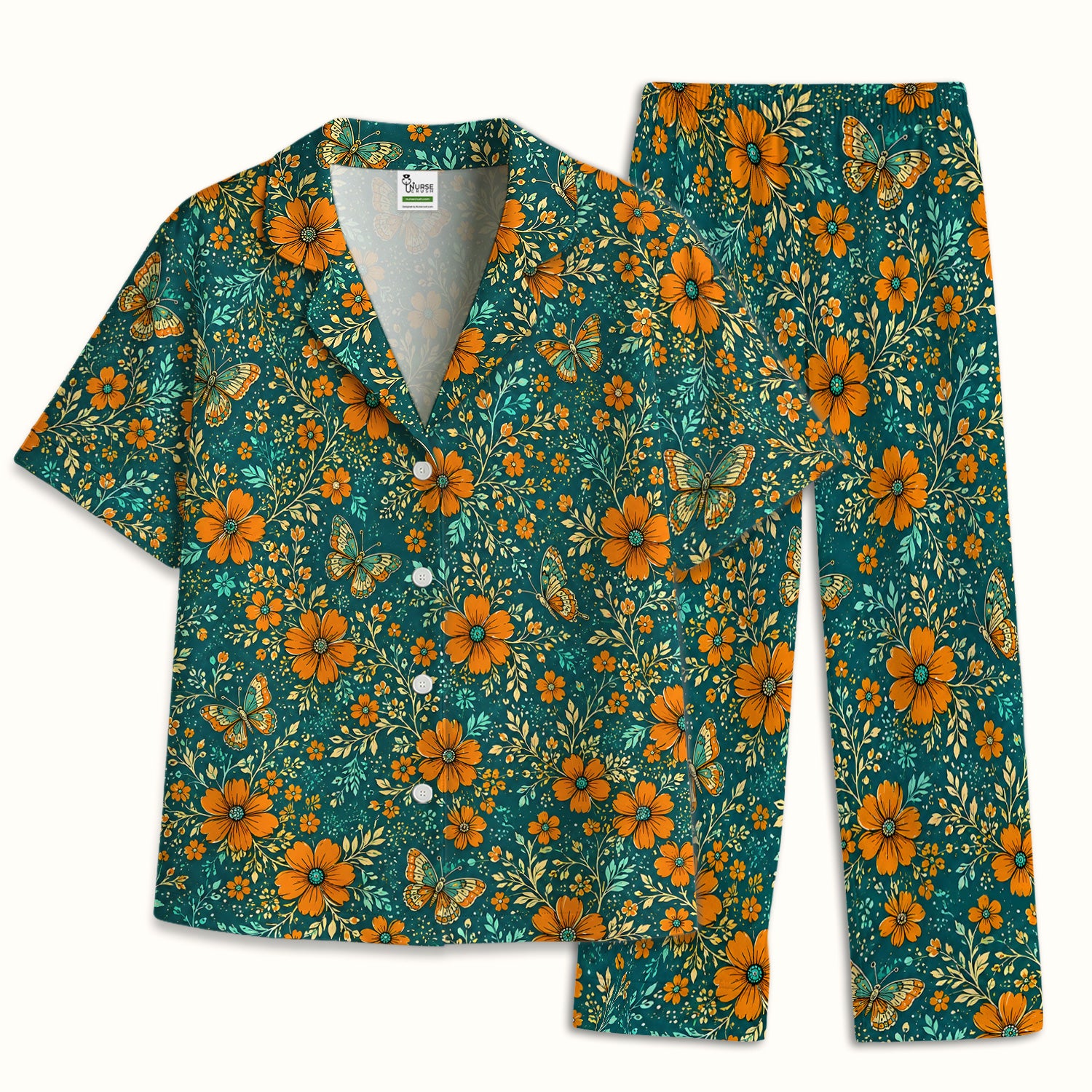 Orange Floral Butterfly Vine Pattern Pajama Set, Soft Breathable Fabric Comfortable Sleepwear
