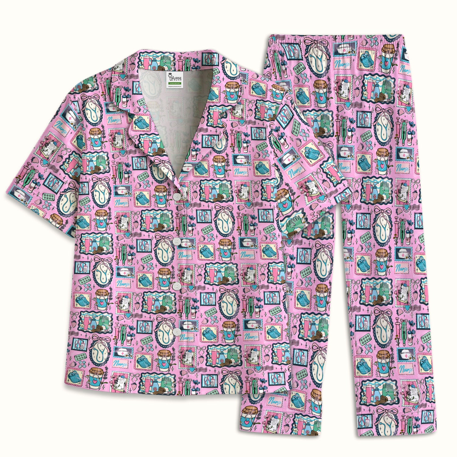 Medical Tools Stethoscope Syringe Frame Pajama Set, Breathable Fabrics Uniform