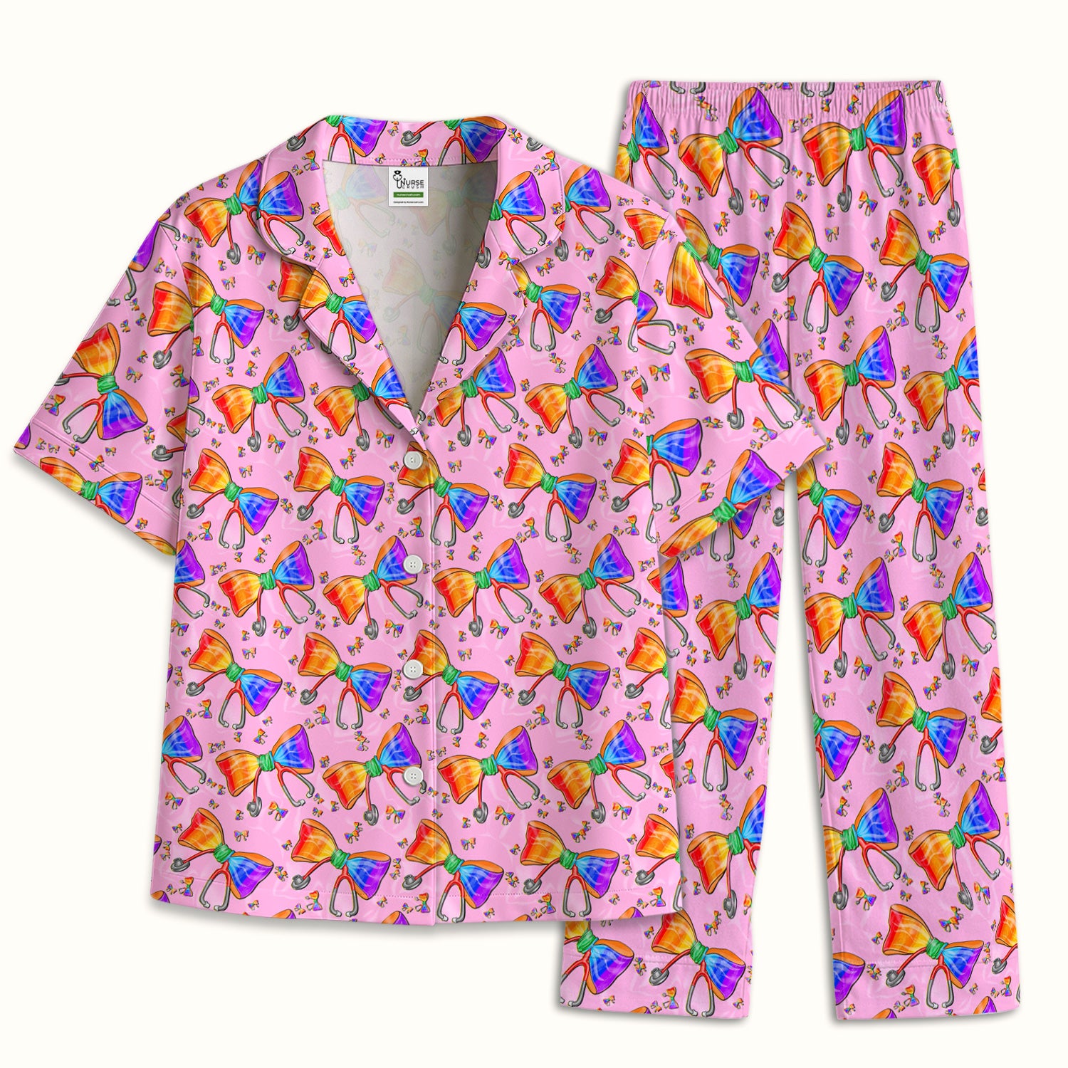 Colorful Rainbow Bow Stethoscope Pattern Pajama Set, Breathable Fabrics Uniform