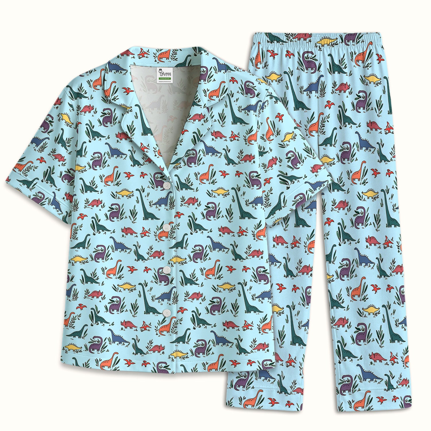 Cute Dinosaur Leafy Garden Pattern Pajama Set, Soft Breathable Fabric Comfortable Sleepwear