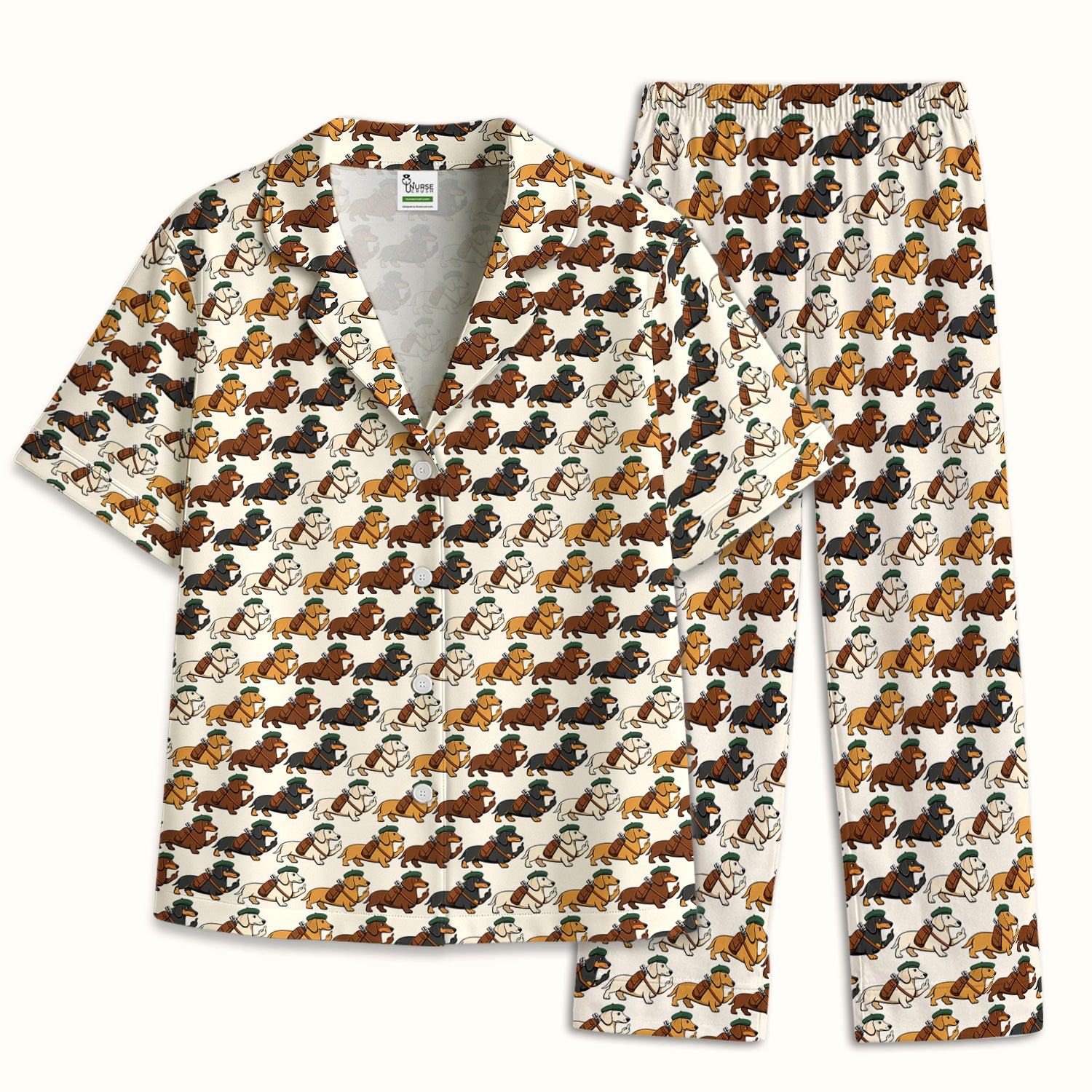 Cartoon Dachshund Dog Wearing Hat And Backpack Pattern Pajama Set, Soft Breathable Fabric Comfortable Sleepwear