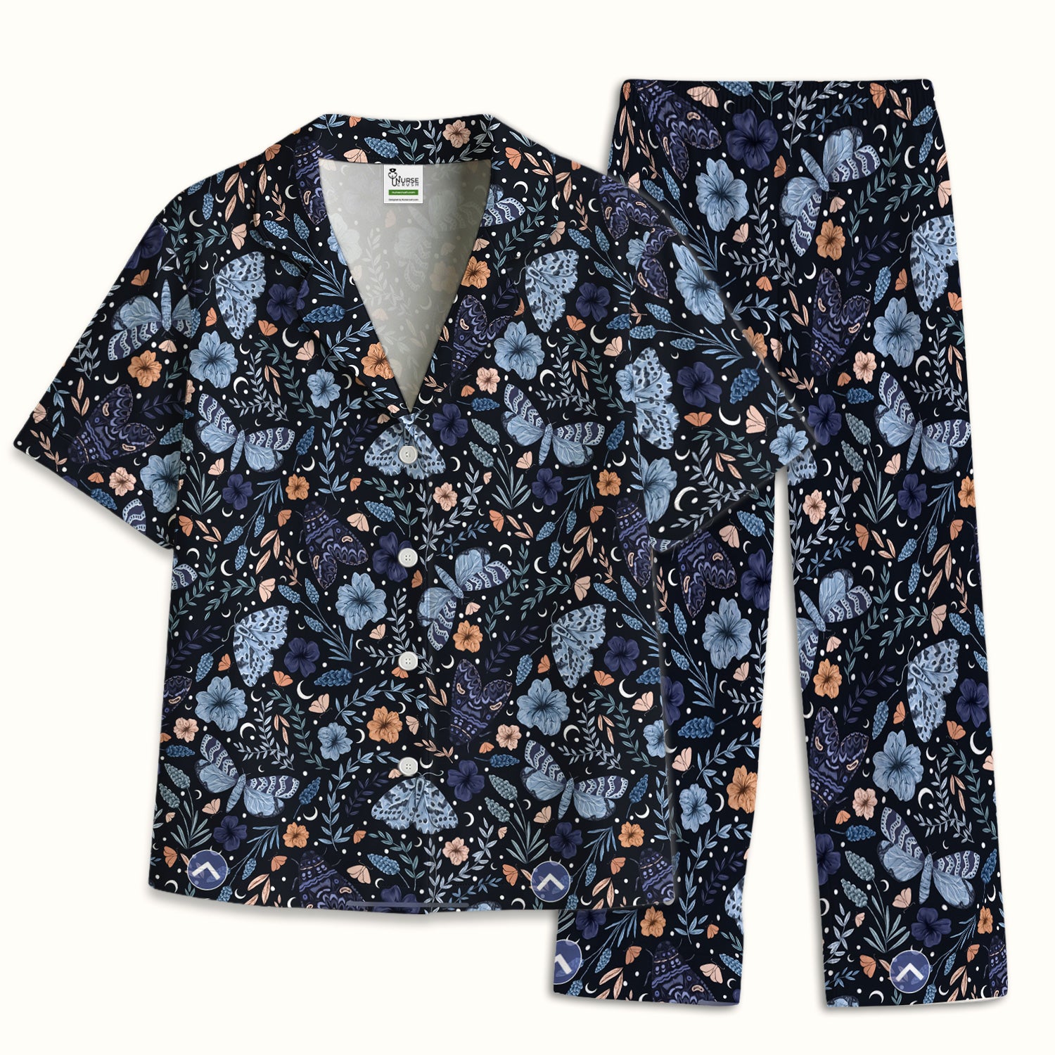 Charming Night Moth Butterfly Floral Pattern Pajama Set, Soft Breathable Fabric Comfortable Sleepwear