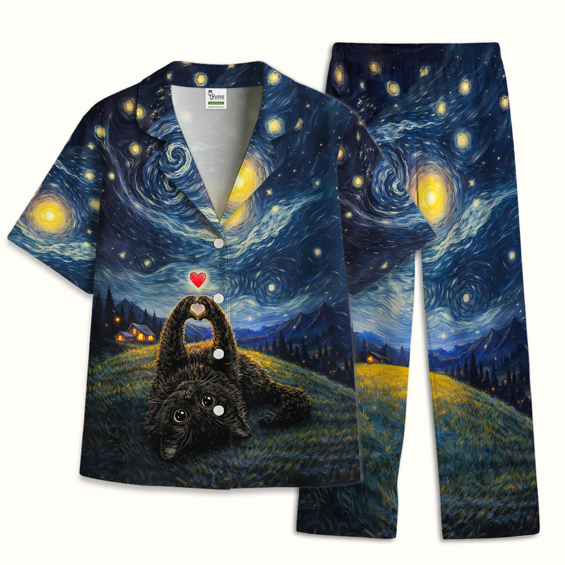 Starry Night Black Cat Heart Art  Pajama Set, Breathable Fabrics Uniform