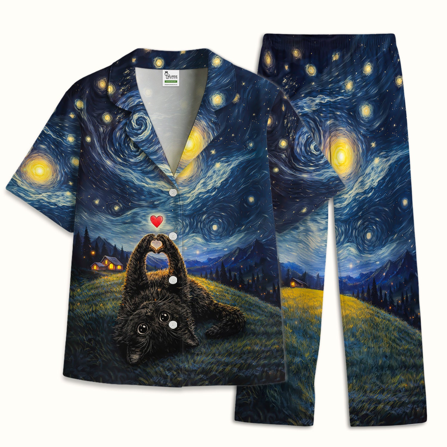 Starry Night Black Cat Heart Art  Pajama Set, Breathable Fabrics Uniform