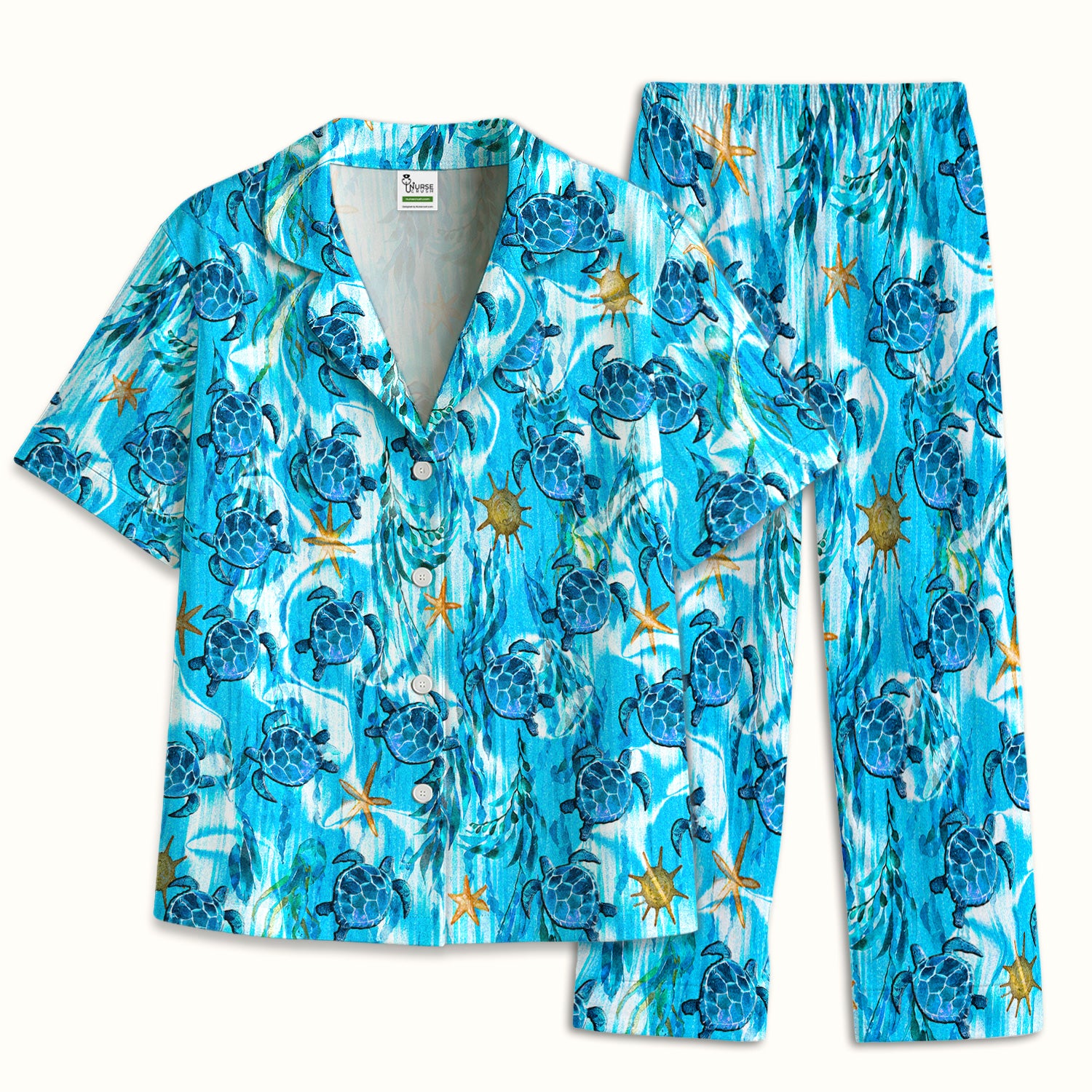 Coastal Marine Life Print Pajama Set, Soft Breathable Fabric Comfortable Sleepwear