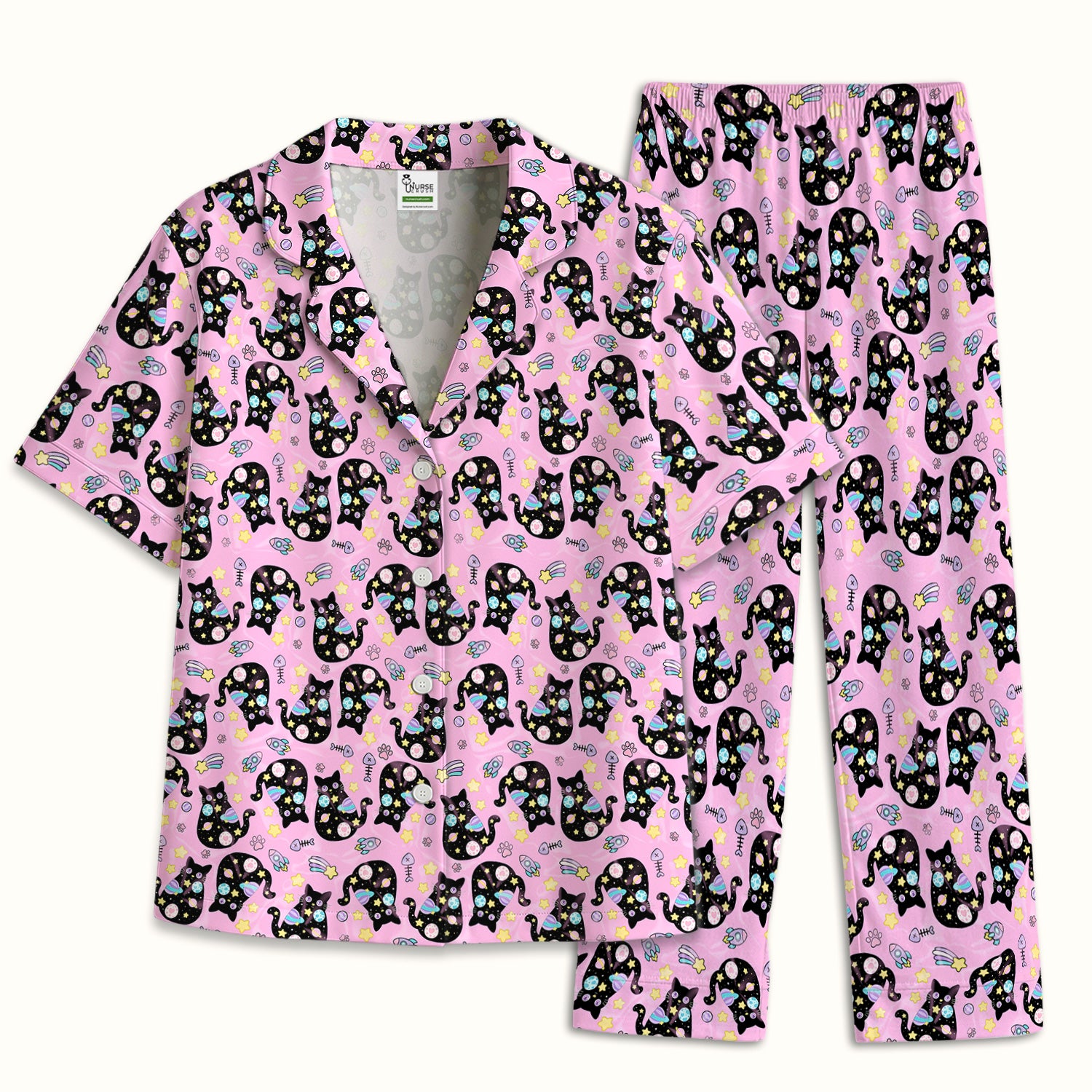 Galaxy Black Cat Space Pattern Pajama Set, Breathable Fabrics Uniform