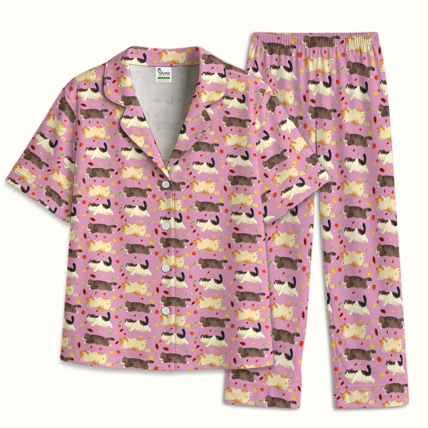 Chubby Cat Autumn Leaves Print Pajama Set, Breathable Fabrics Uniform