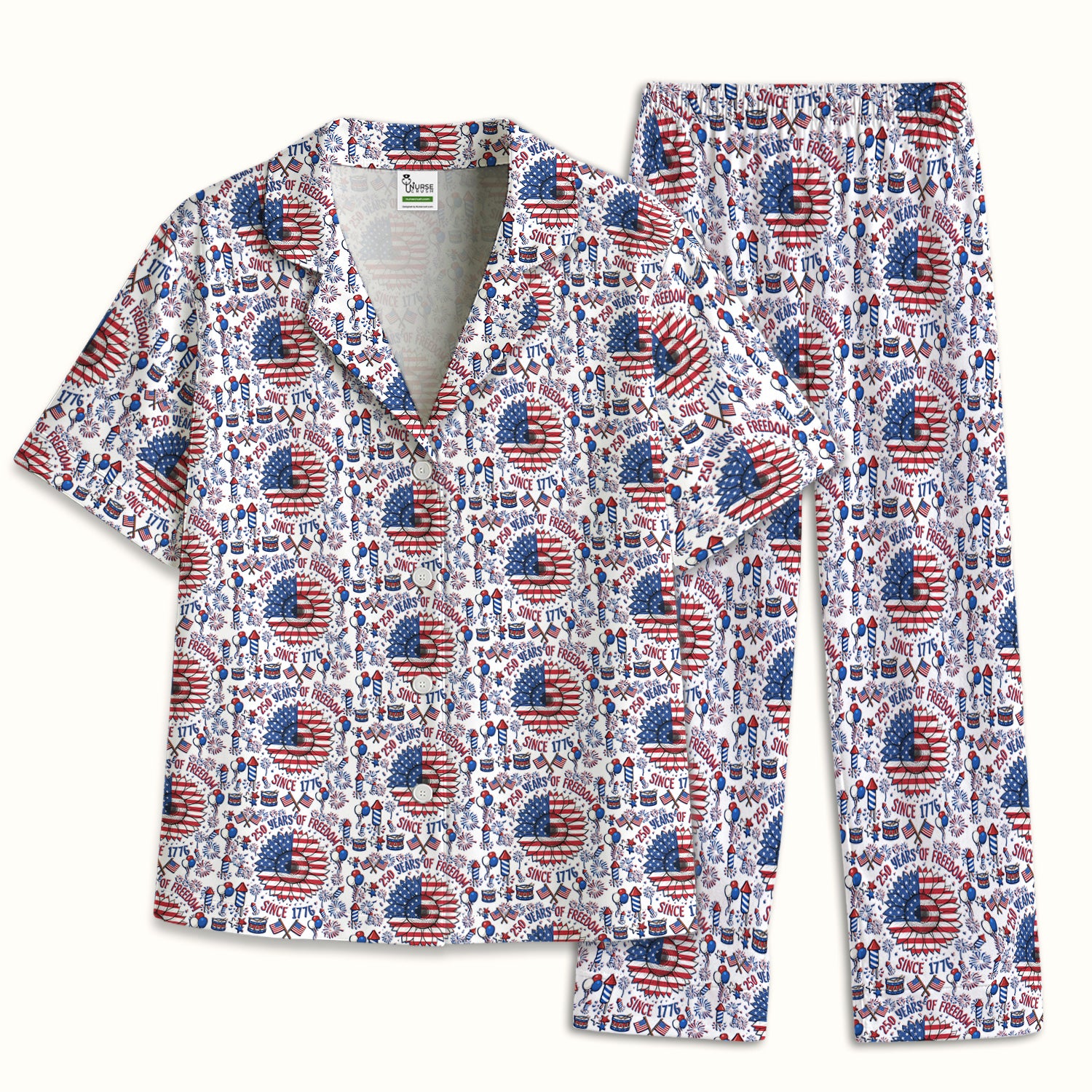Festive Patriotic Sunflower American Flag Fireworks Pattern Pajama Set, Breathable Fabrics Uniform