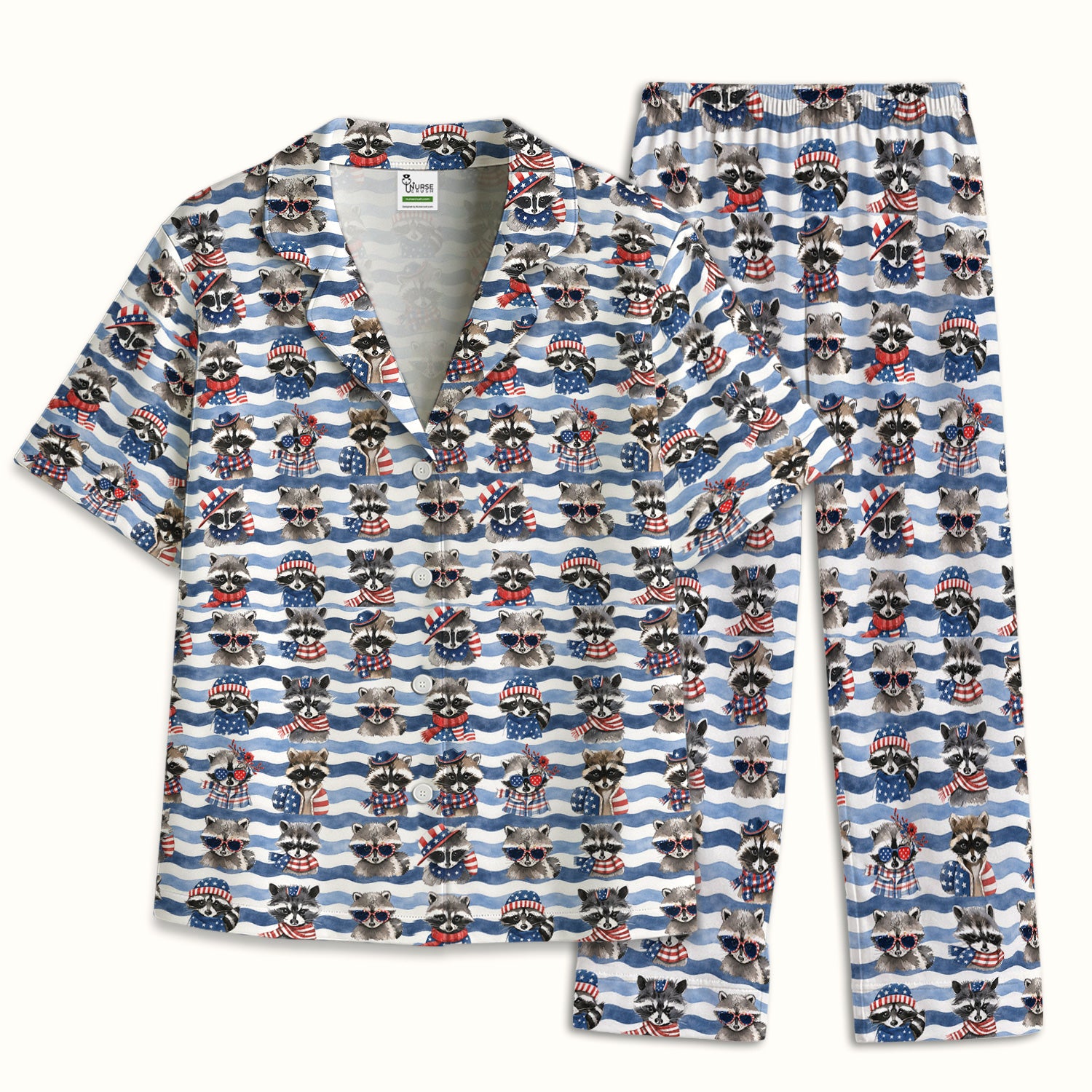 Patriotic Raccoon Watercolor Stripe Pattern Pajama Set, Soft Breathable Fabric Comfortable Sleepwear