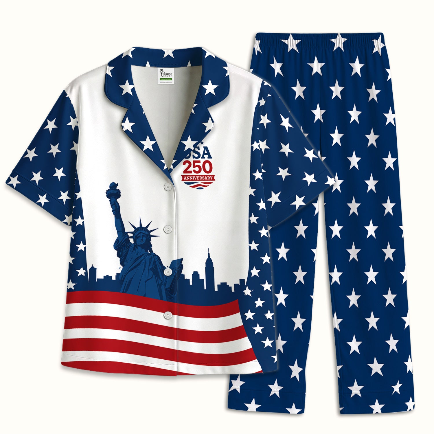 USA 250 Anniversary Patriotic Nurse Scrub Top for RN, CNA, Healthcare Workers Pajama Set, Soft Breathable Fabric Comfortable Sleepwear
