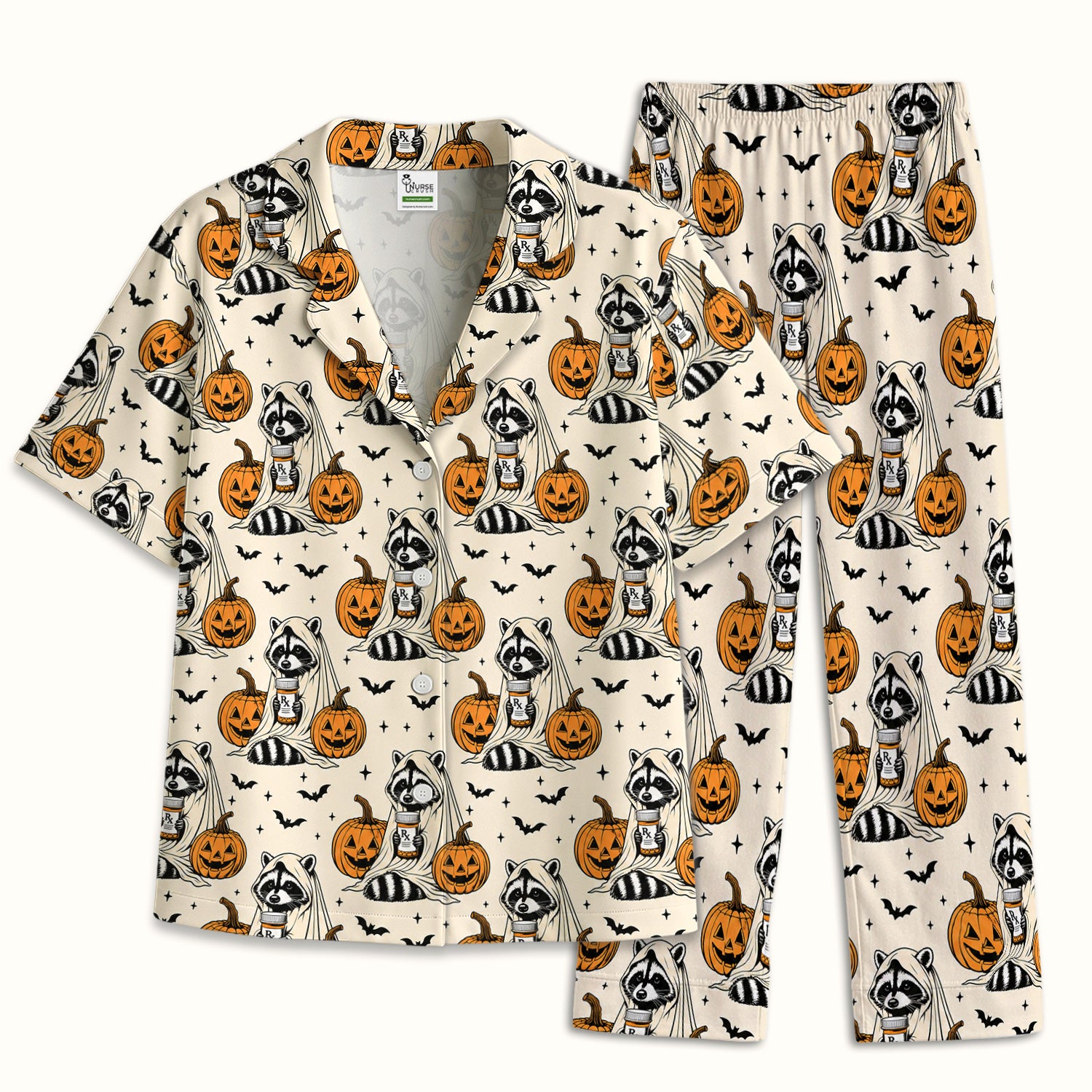 Halloween Raccoon with Pumpkin Bat Print Pajama Set, Soft Breathable Fabric Comfortable Sleepwear
