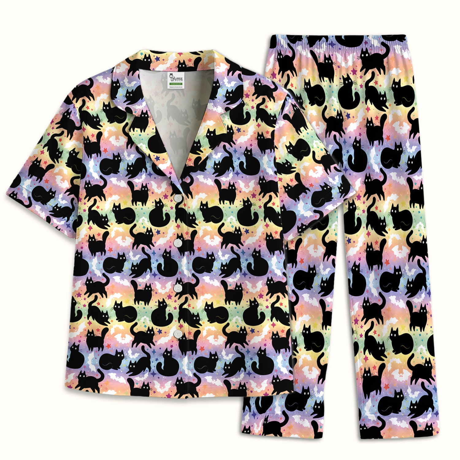 Pastel Star Black Cat Pattern Pajama Set, Soft Breathable Fabric Comfortable Sleepwear