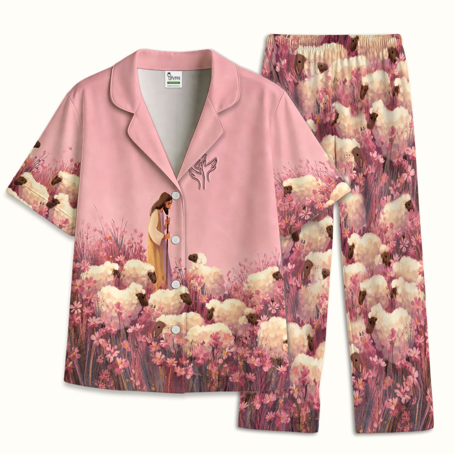Christian Shepherd With Lambs Pattern Pajama Set, Soft Breathable Fabric Comfortable Sleepwear