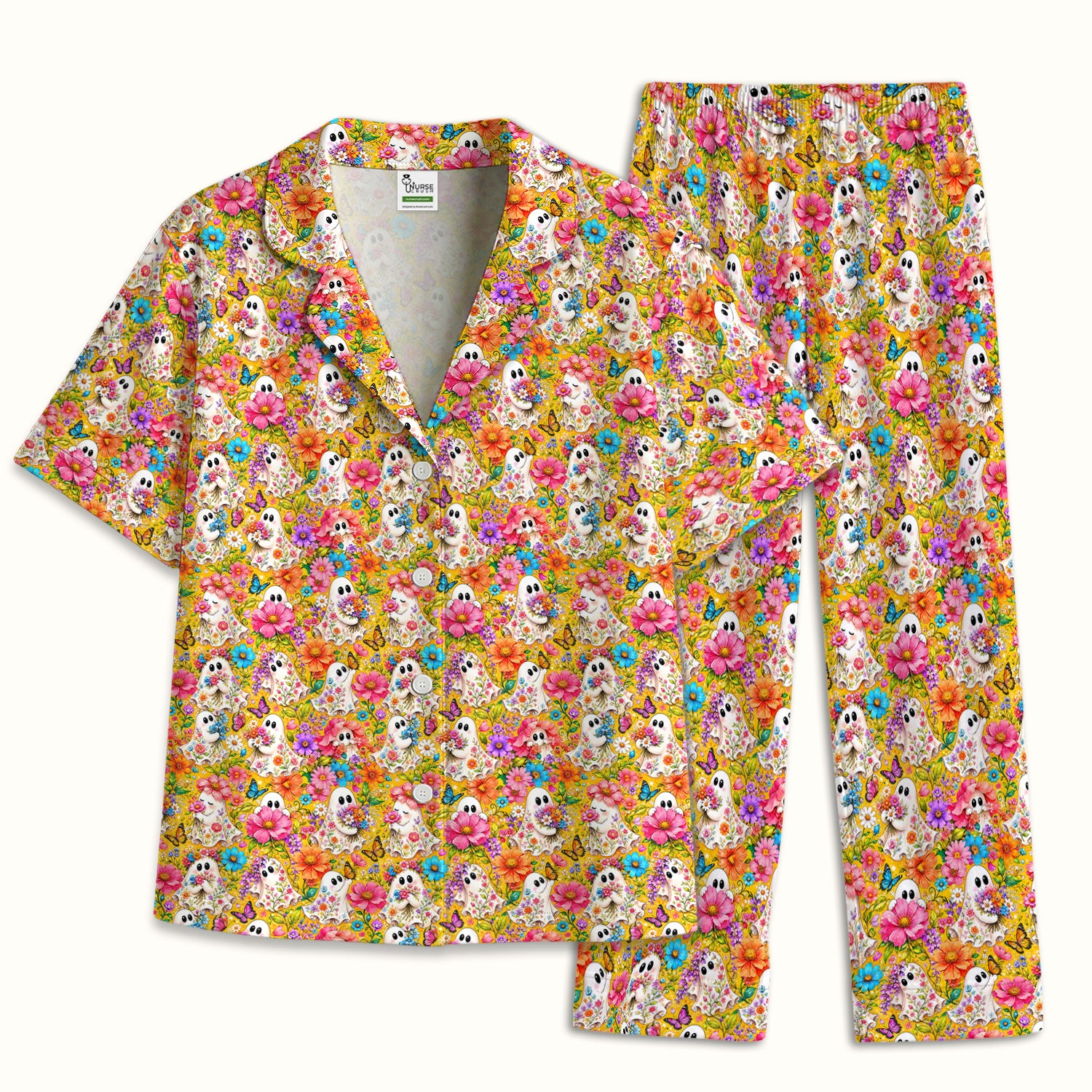 Cute Floral Ghosts And Butterflies Pajama Set, Soft Breathable Fabric Comfortable Sleepwear