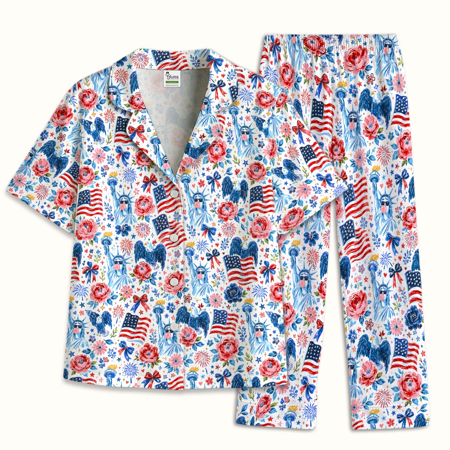 Patriotic Liberty Nurse Pattern Pajama Set, Soft Breathable Fabric Comfortable Sleepwear