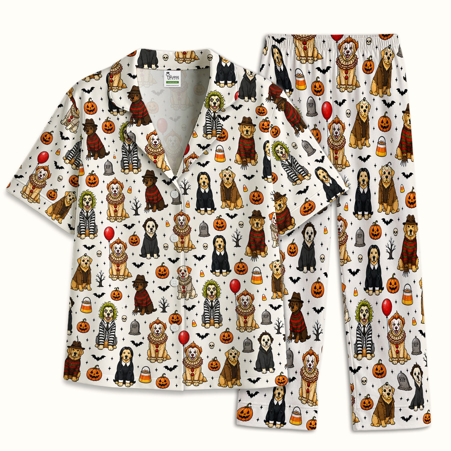 Funny Halloween Dog Pattern Pajama Set, Soft Breathable Fabric Comfortable Sleepwear