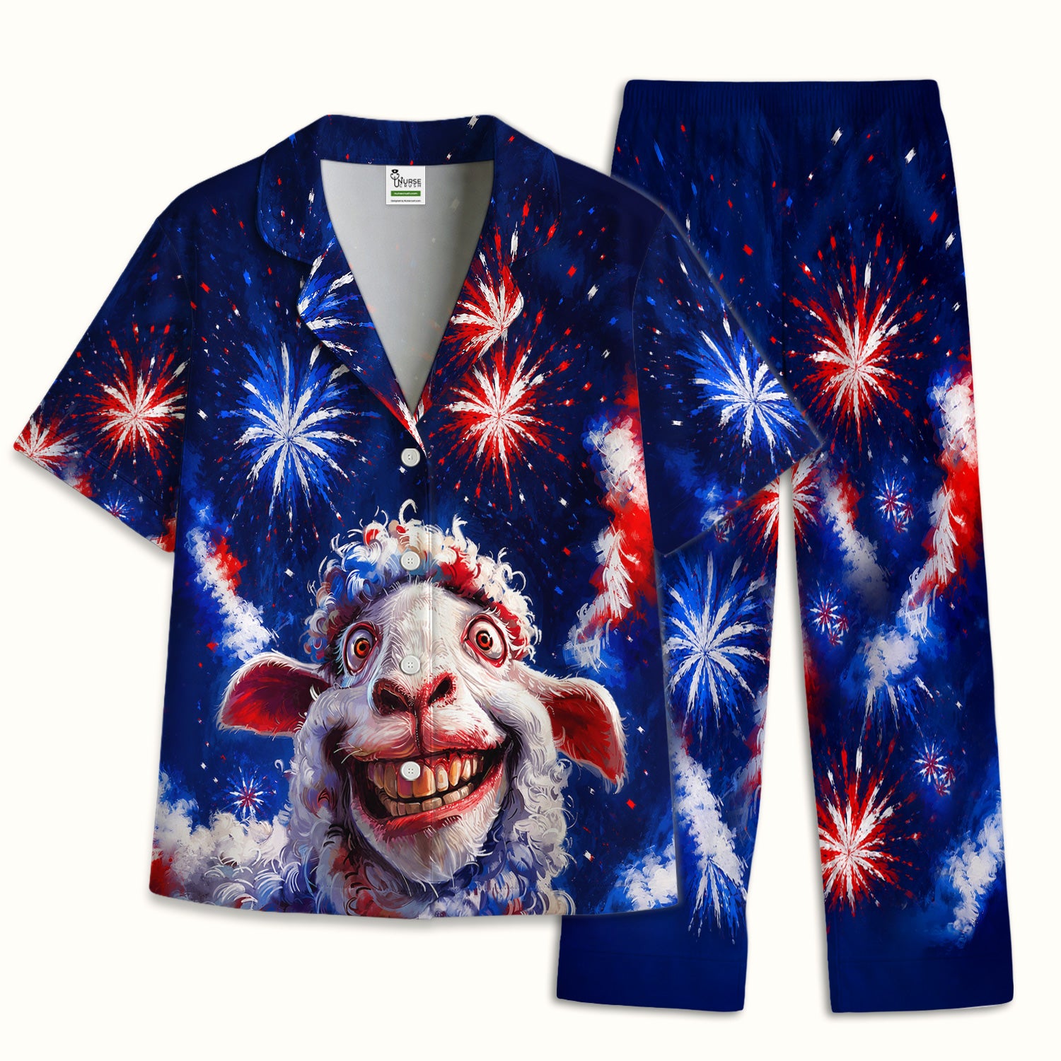 Funny Patriotic Sheep Fireworks Print Pajama Set, Soft Breathable Fabric Comfortable Sleepwear