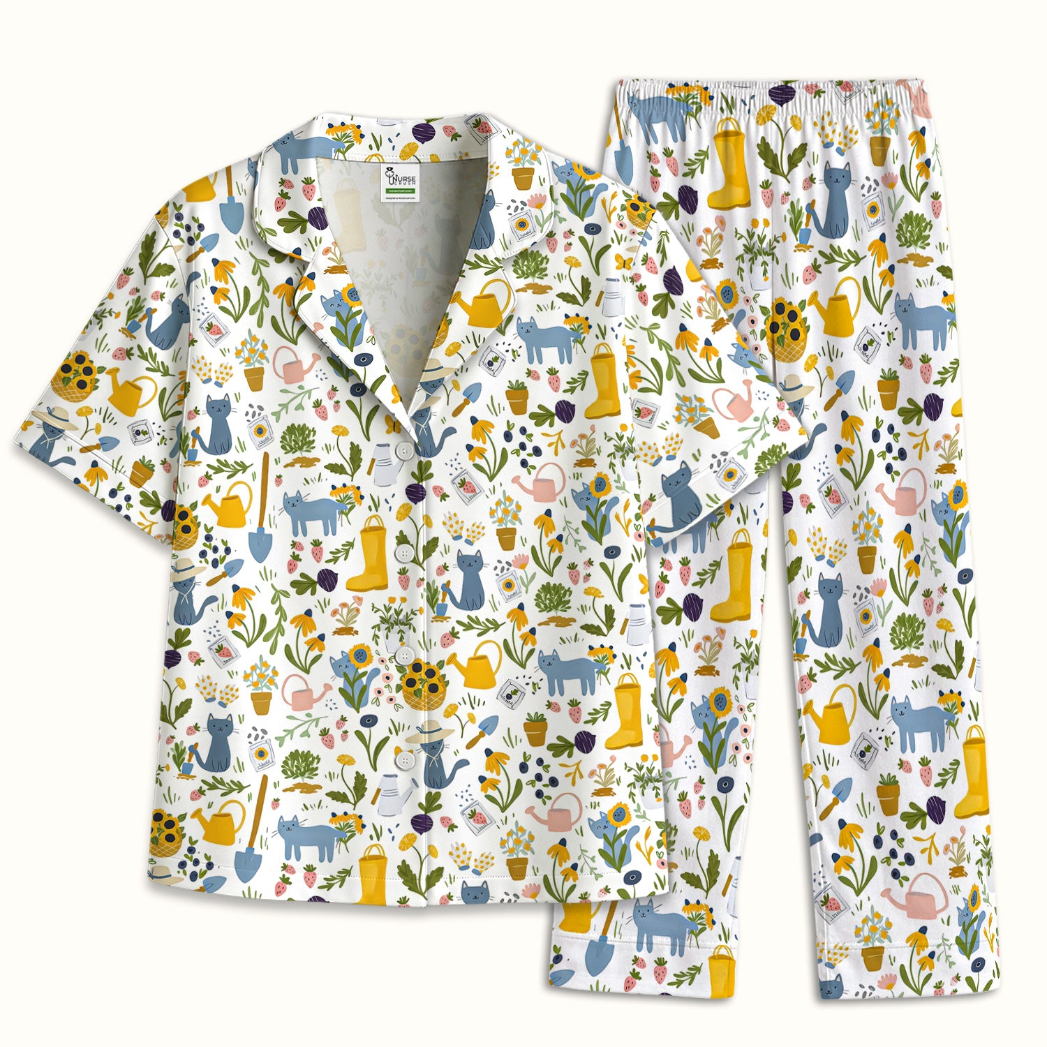 Cat Gardening Wildflower Tools Pattern Pajama Set, Breathable Fabrics Uniform