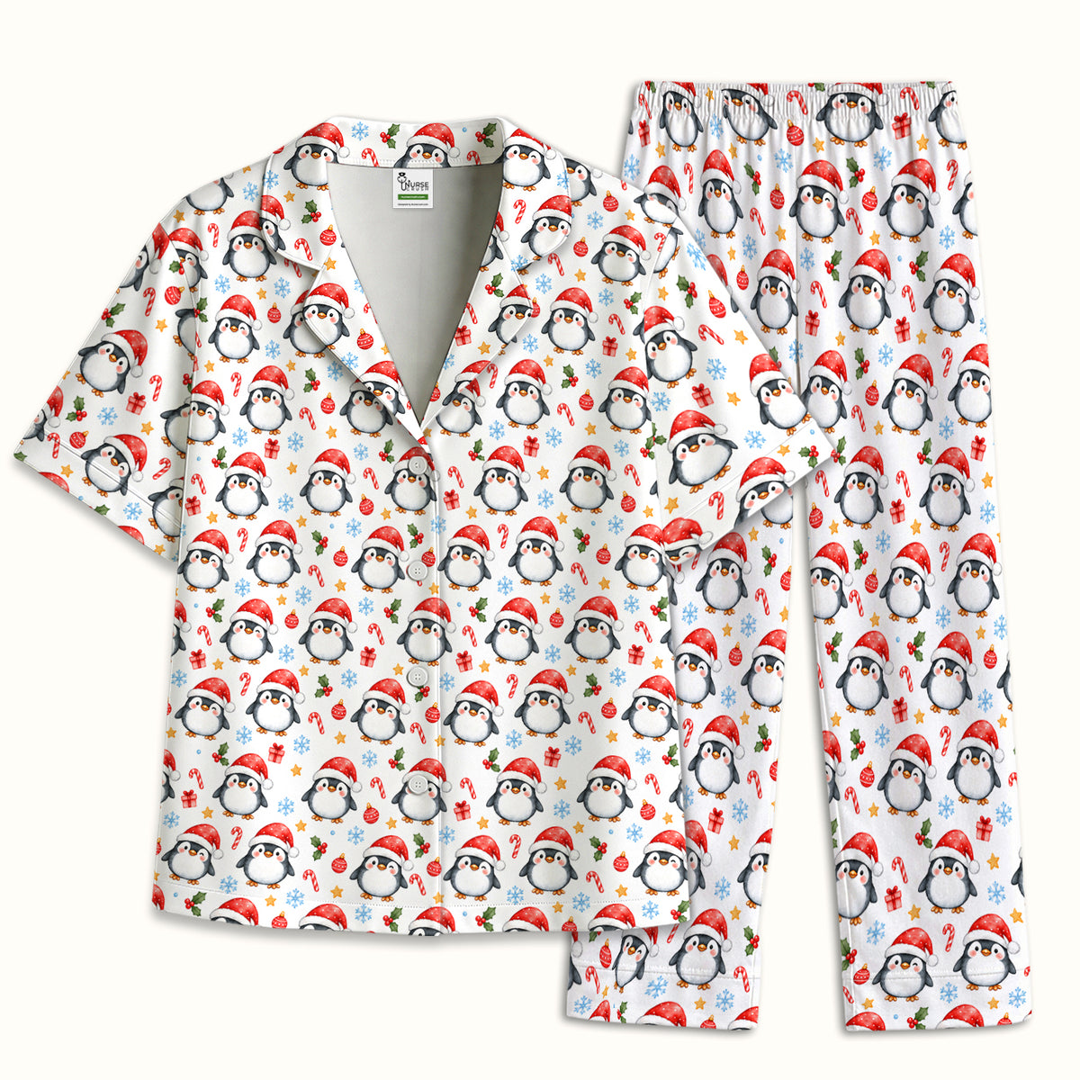 Christmas Penguins In Santa Hats Pajama Set, Soft Breathable Fabric Comfortable Sleepwear