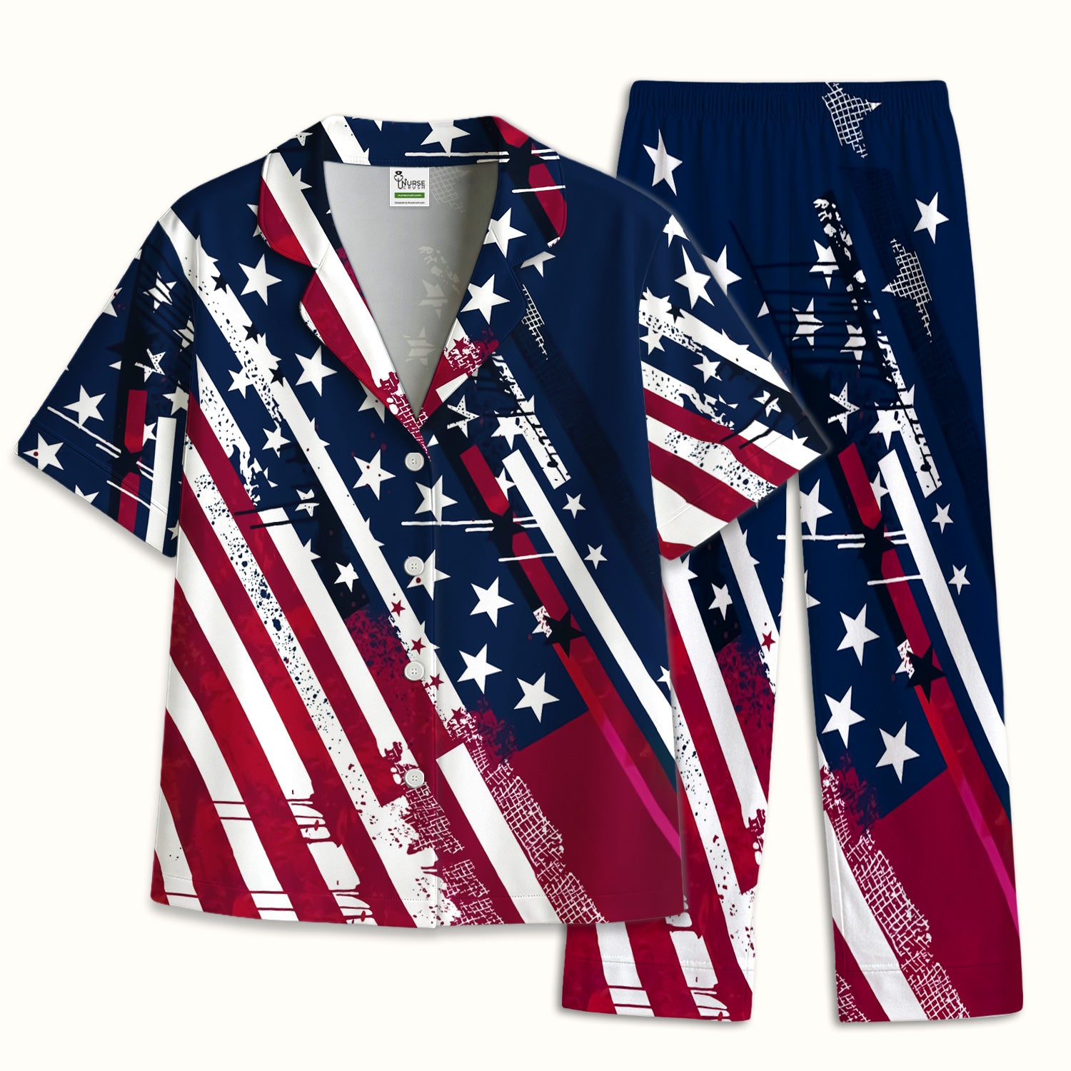 Patriotic USA Flag Stars And Stripes Grunge Pattern Pajama Set, Soft Breathable Fabric Comfortable Sleepwear