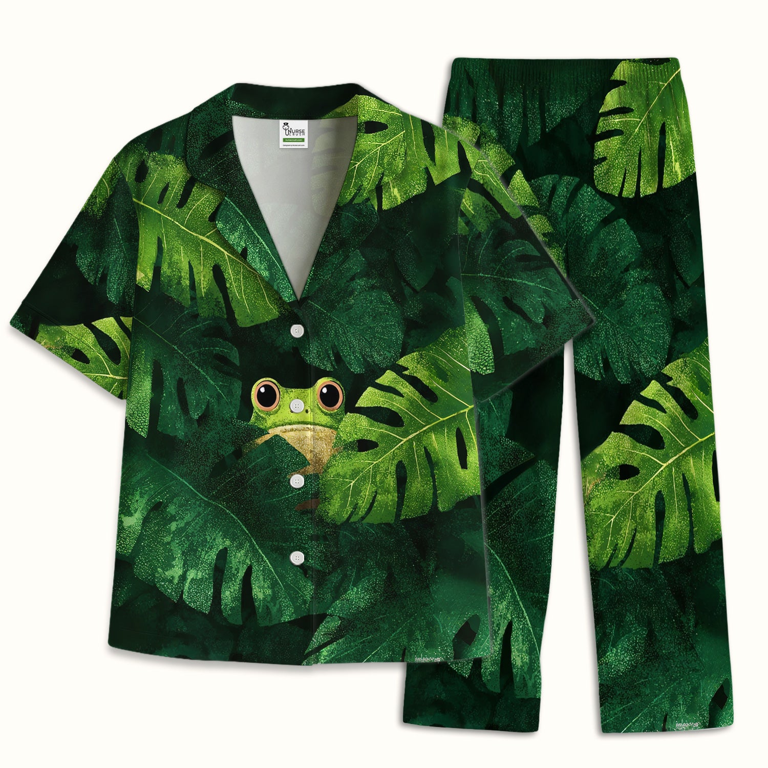 Cute Frog Hiding Jungle Leaves Pattern Nurse Pajama Set, Soft Breathable Fabric Comfortable Sleepwear