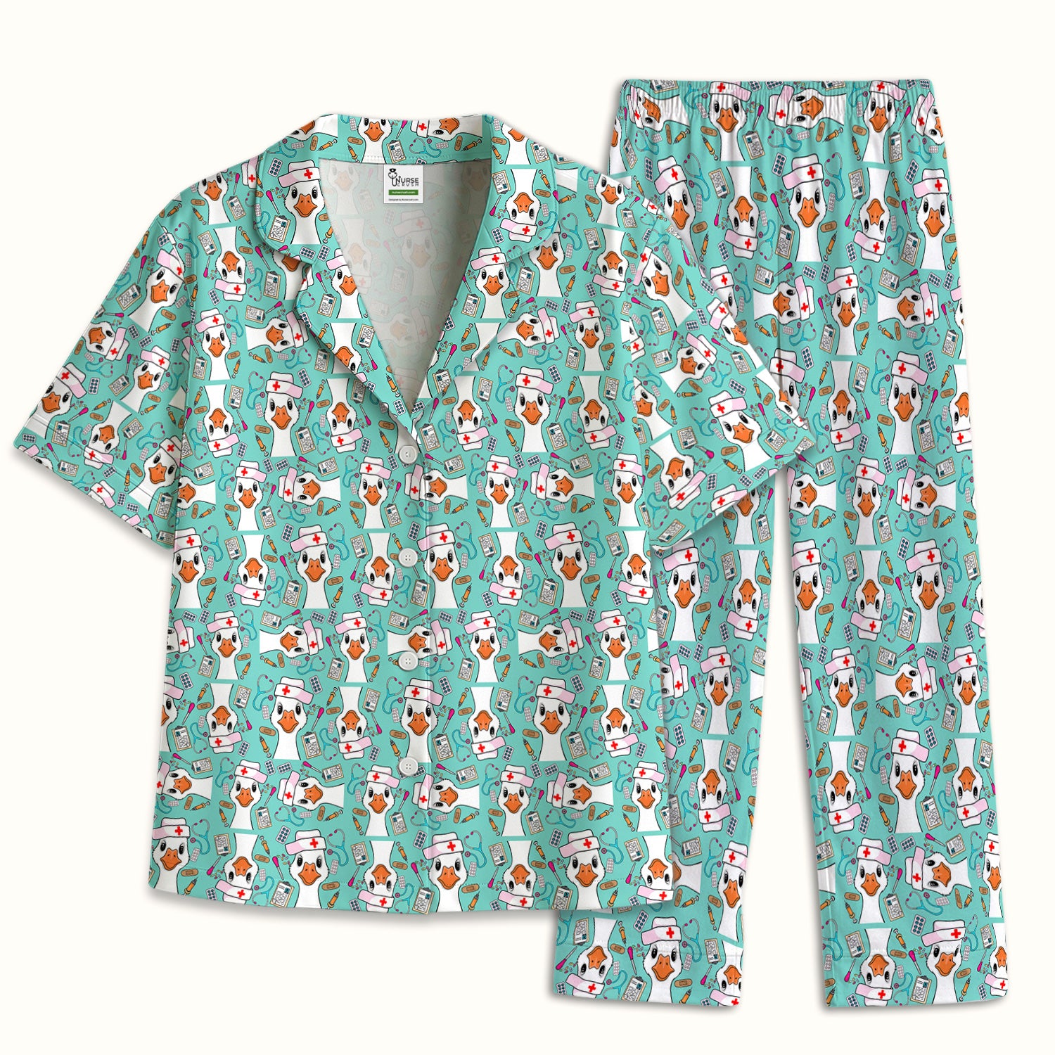 Duck Wearing Hat With Medical Tools Pajama Set, Breathable Fabrics Uniform